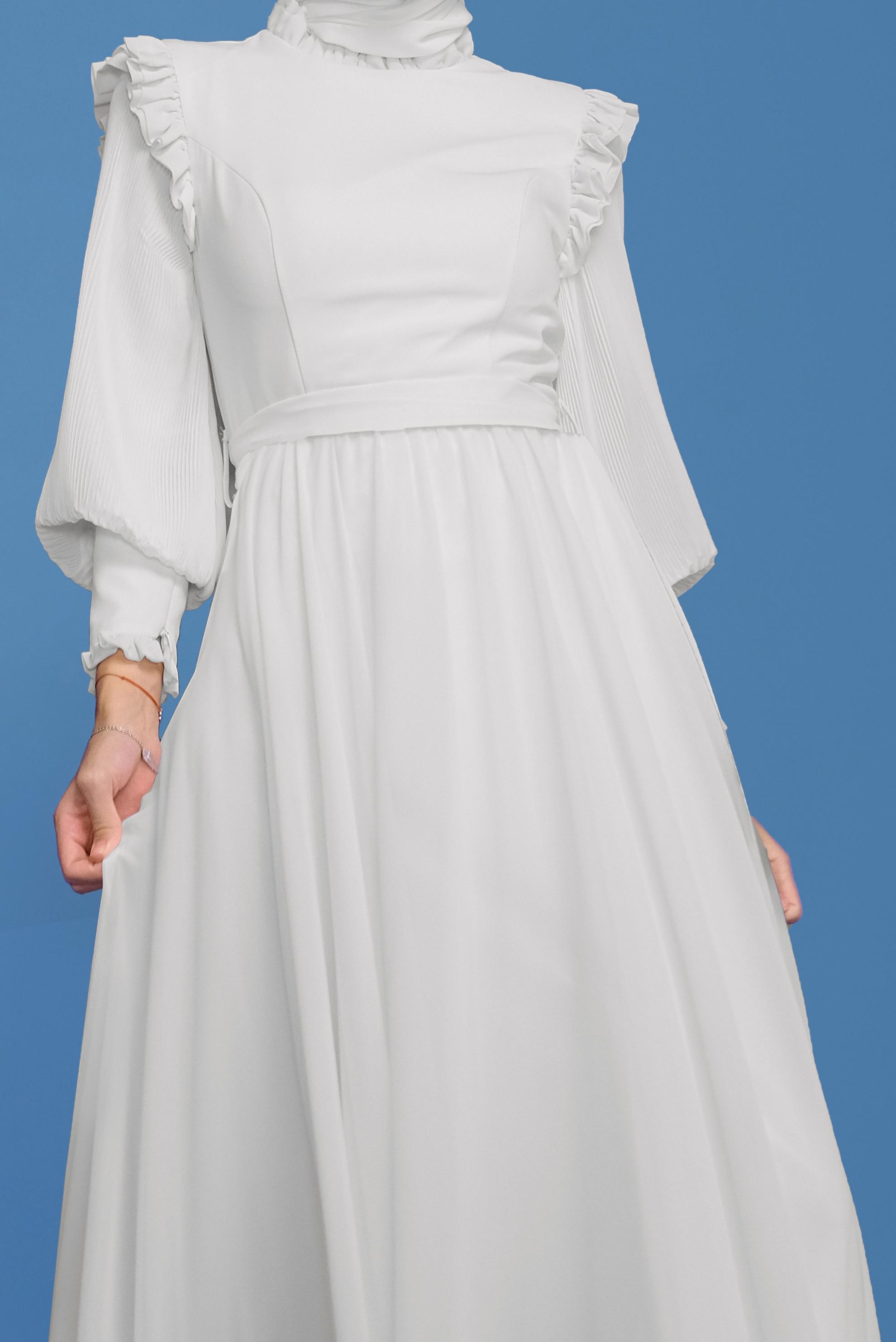 Hijab clothing WHITE BALLOON SLEEVE BELTED CHIFFON EVENING DRESS 50110 