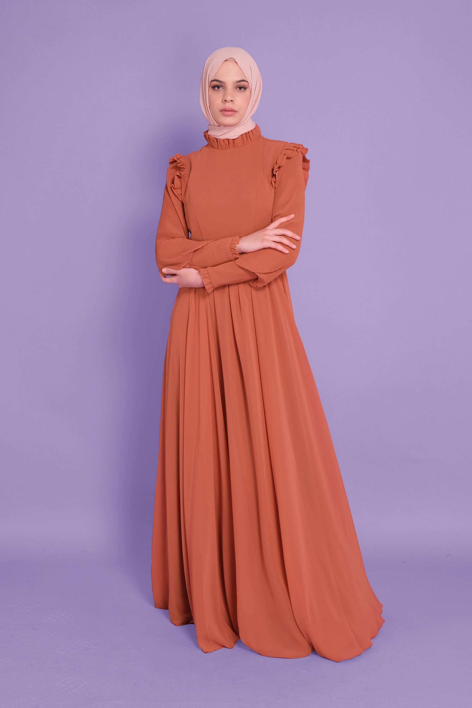 Tesettür giyim TURUNCU BALON KOLLU KUŞAKLI ŞİFON ABİYE 50110 
