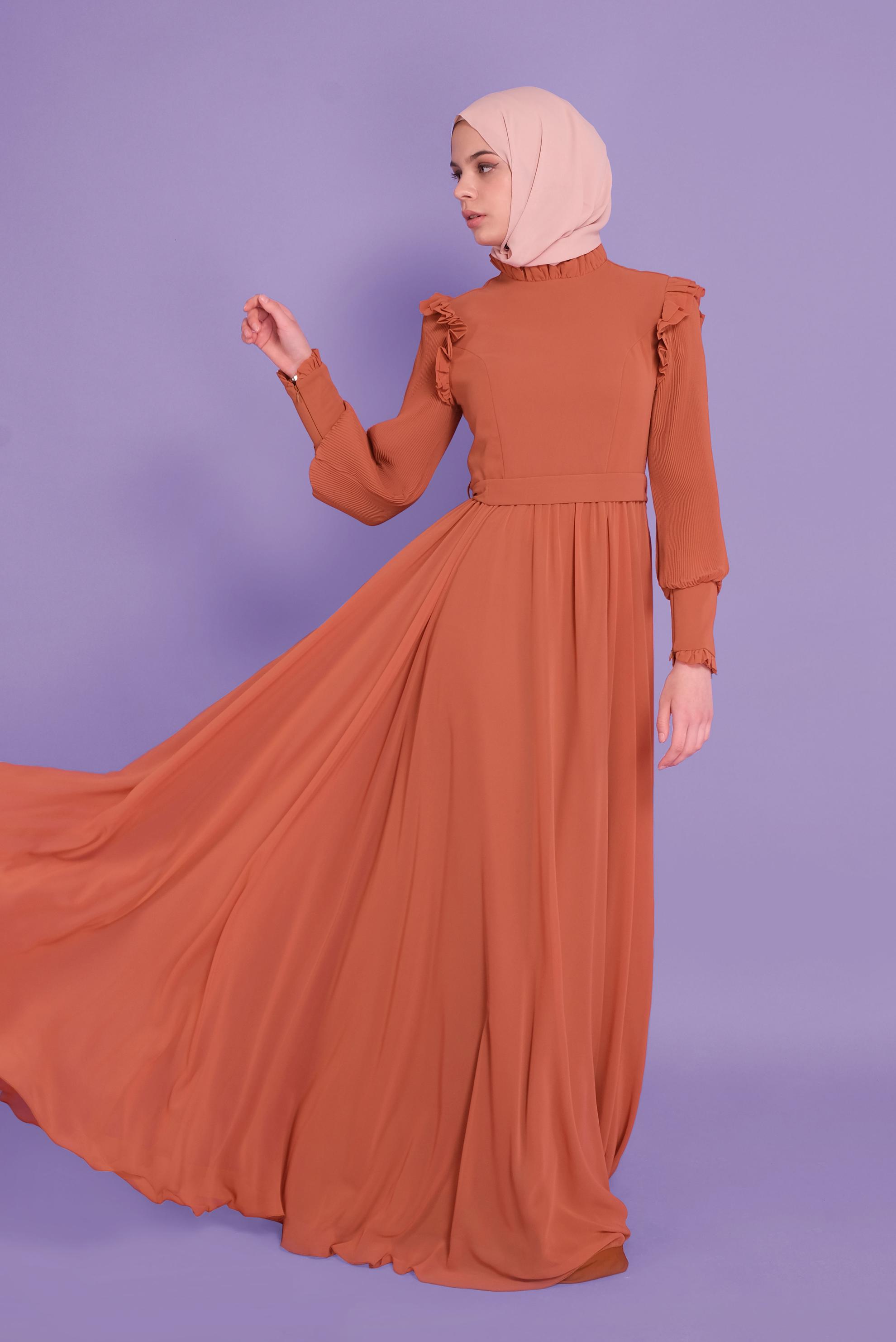 Tesettür giyim TURUNCU BALON KOLLU KUŞAKLI ŞİFON ABİYE 50110 