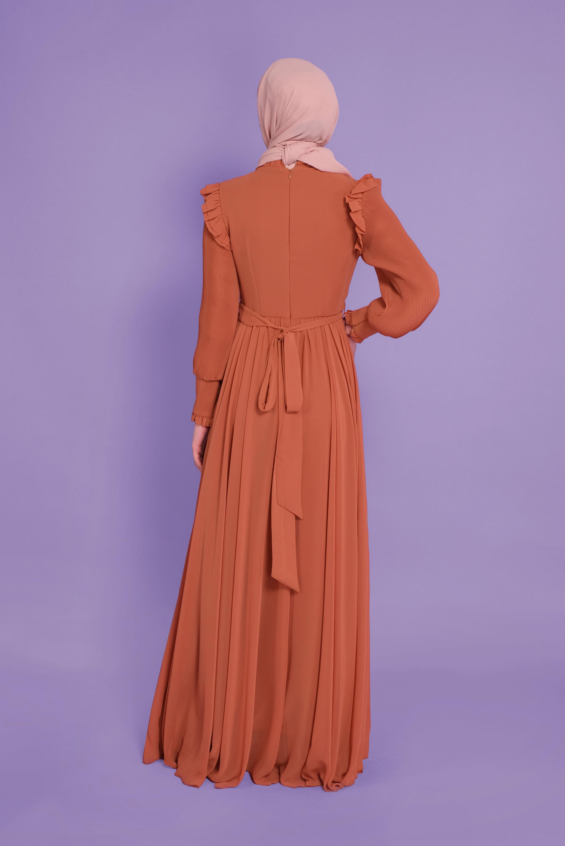 Tesettür giyim TURUNCU BALON KOLLU KUŞAKLI ŞİFON ABİYE 50110 