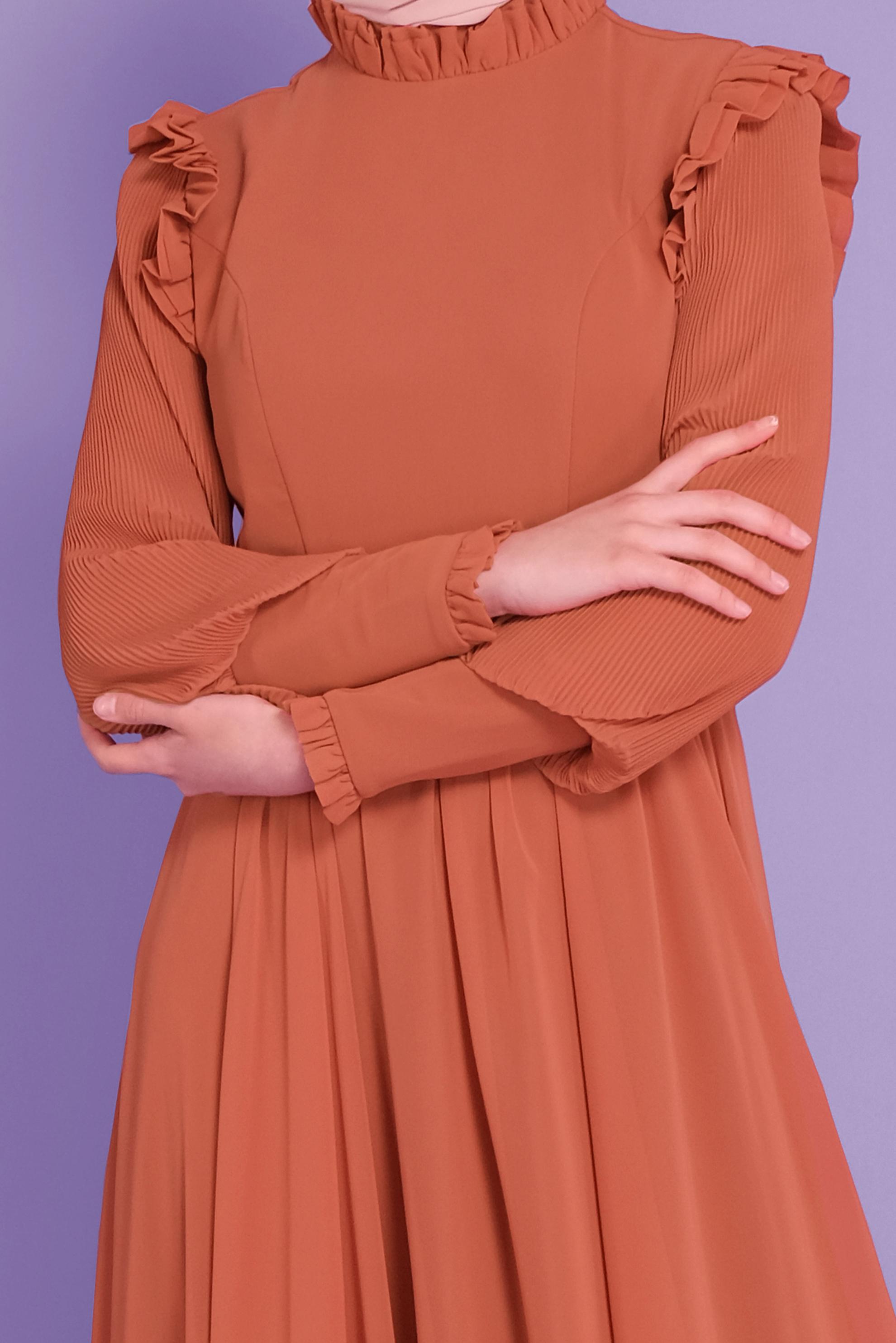 Tesettür giyim TURUNCU BALON KOLLU KUŞAKLI ŞİFON ABİYE 50110 