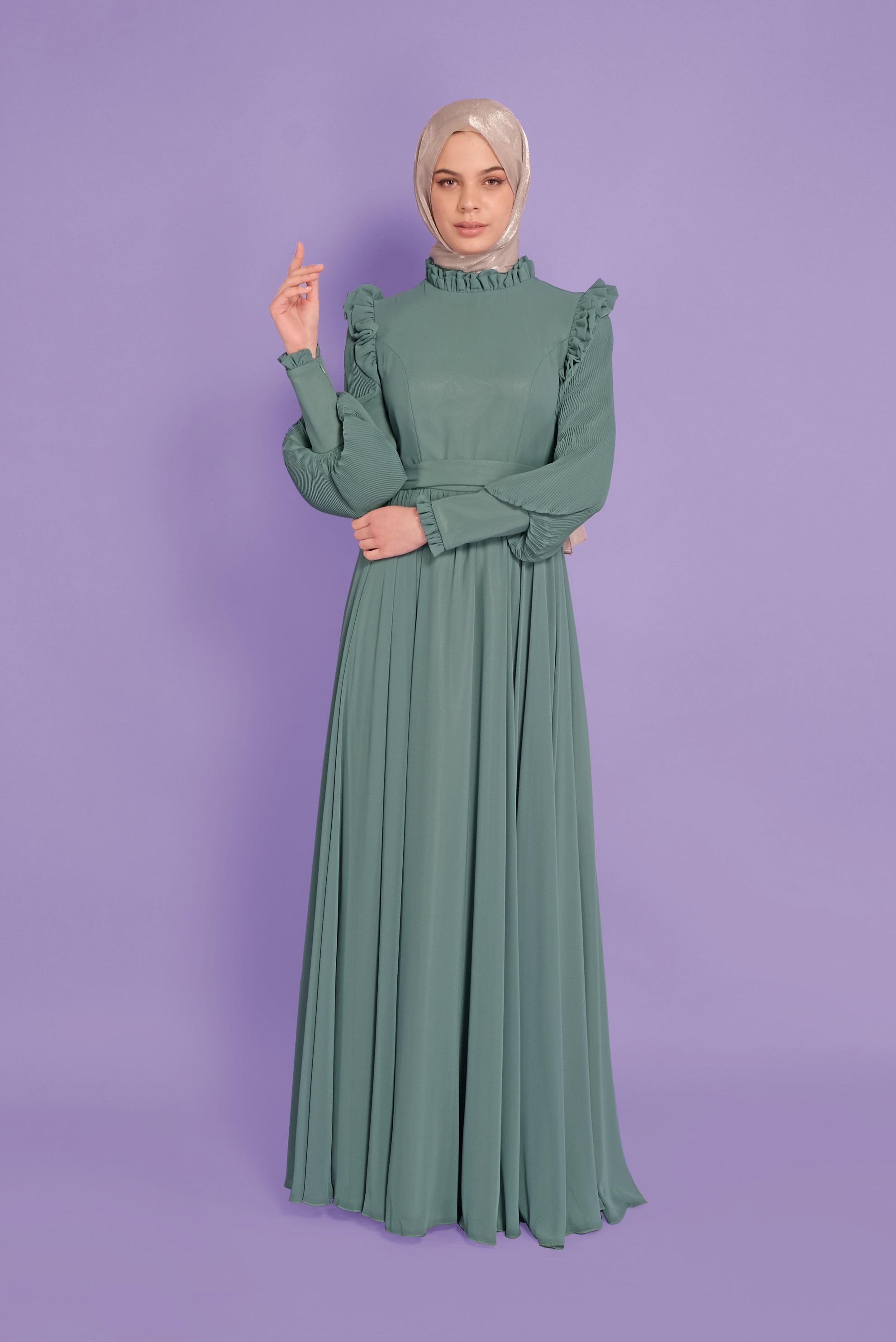 Tesettür giyim YEŞİL BALON KOLLU KUŞAKLI ŞİFON ABİYE 50110 
