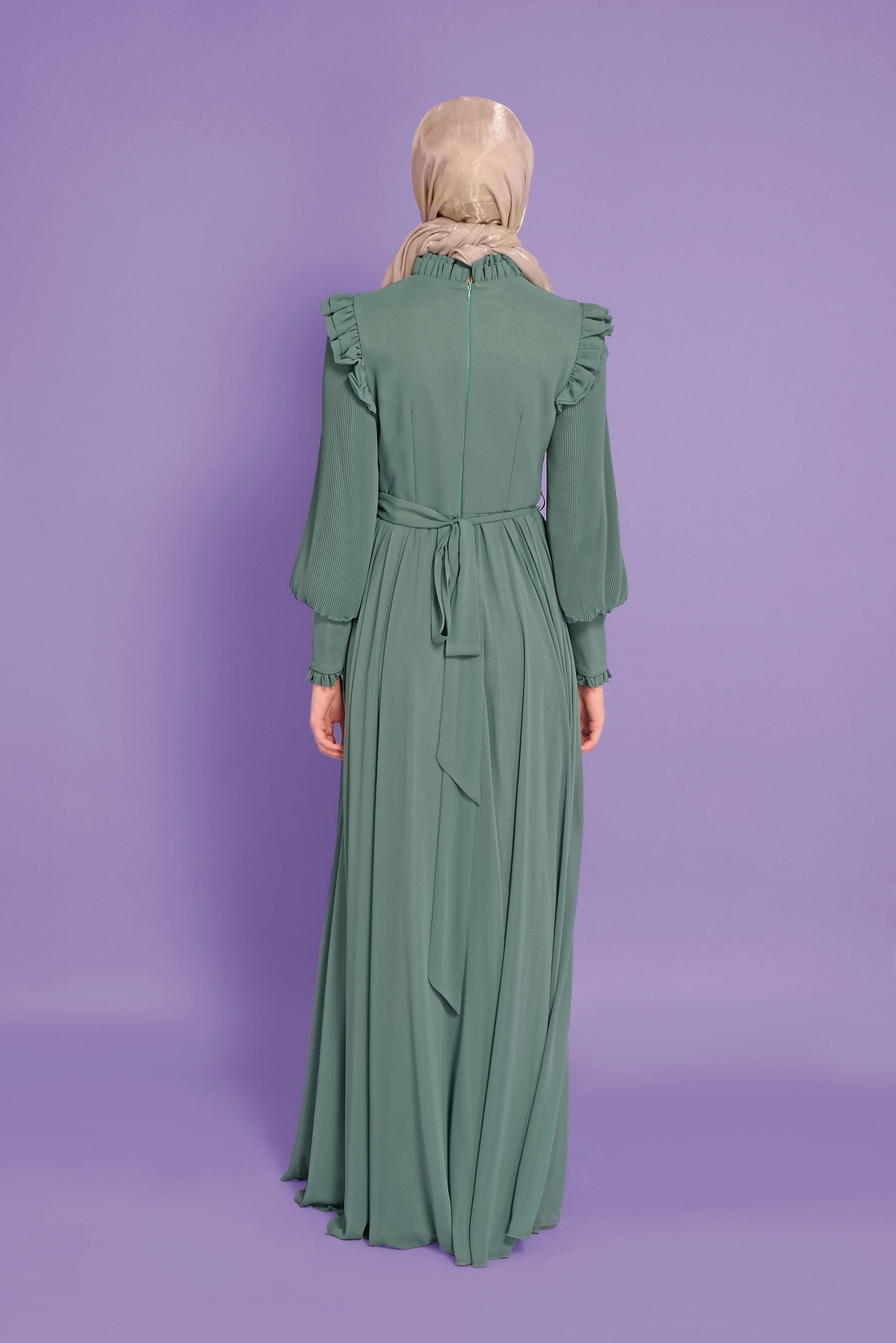 Tesettür giyim YEŞİL BALON KOLLU KUŞAKLI ŞİFON ABİYE 50110 