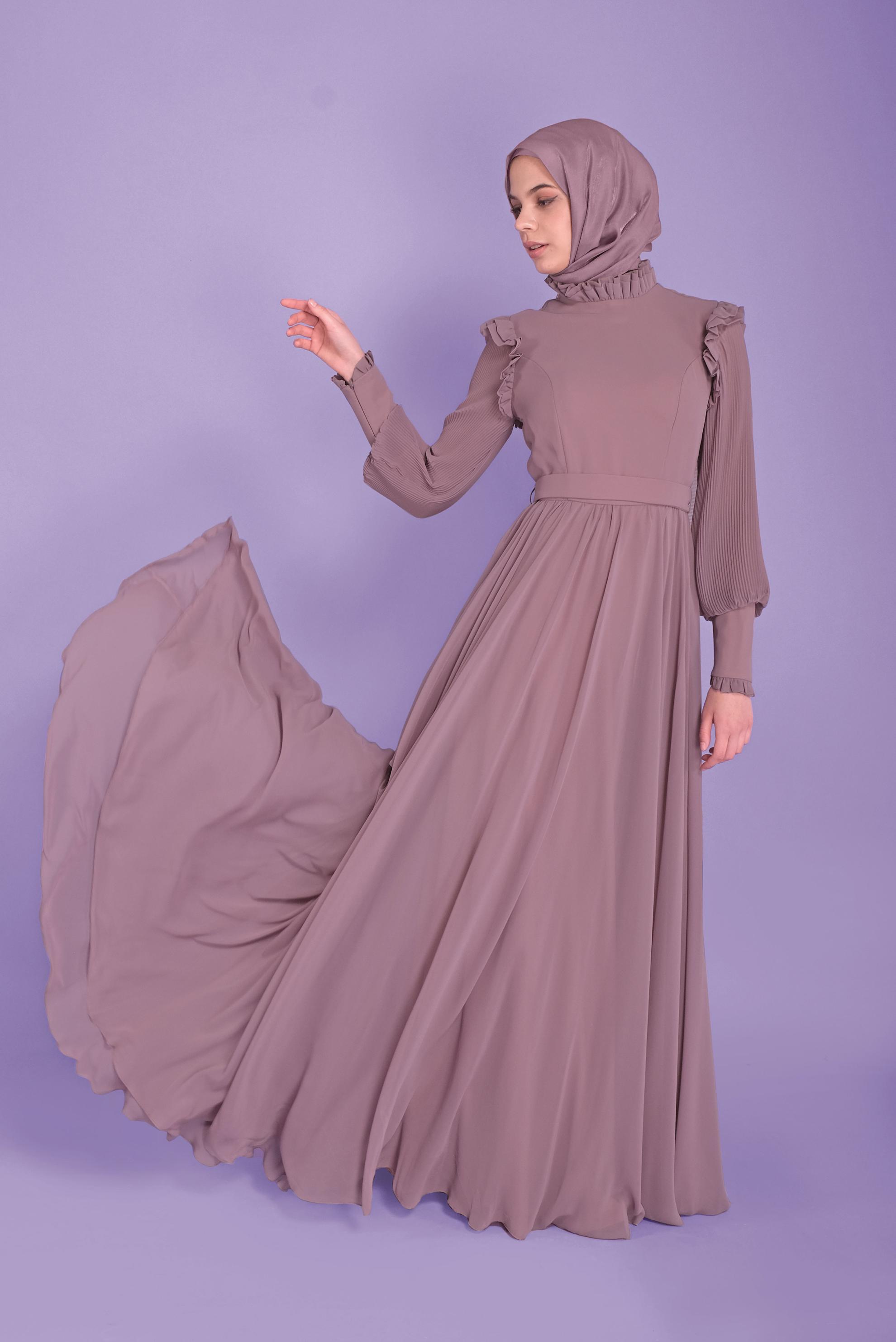 Tesettür giyim PEMBE BALON KOLLU KUŞAKLI ŞİFON ABİYE 50110 