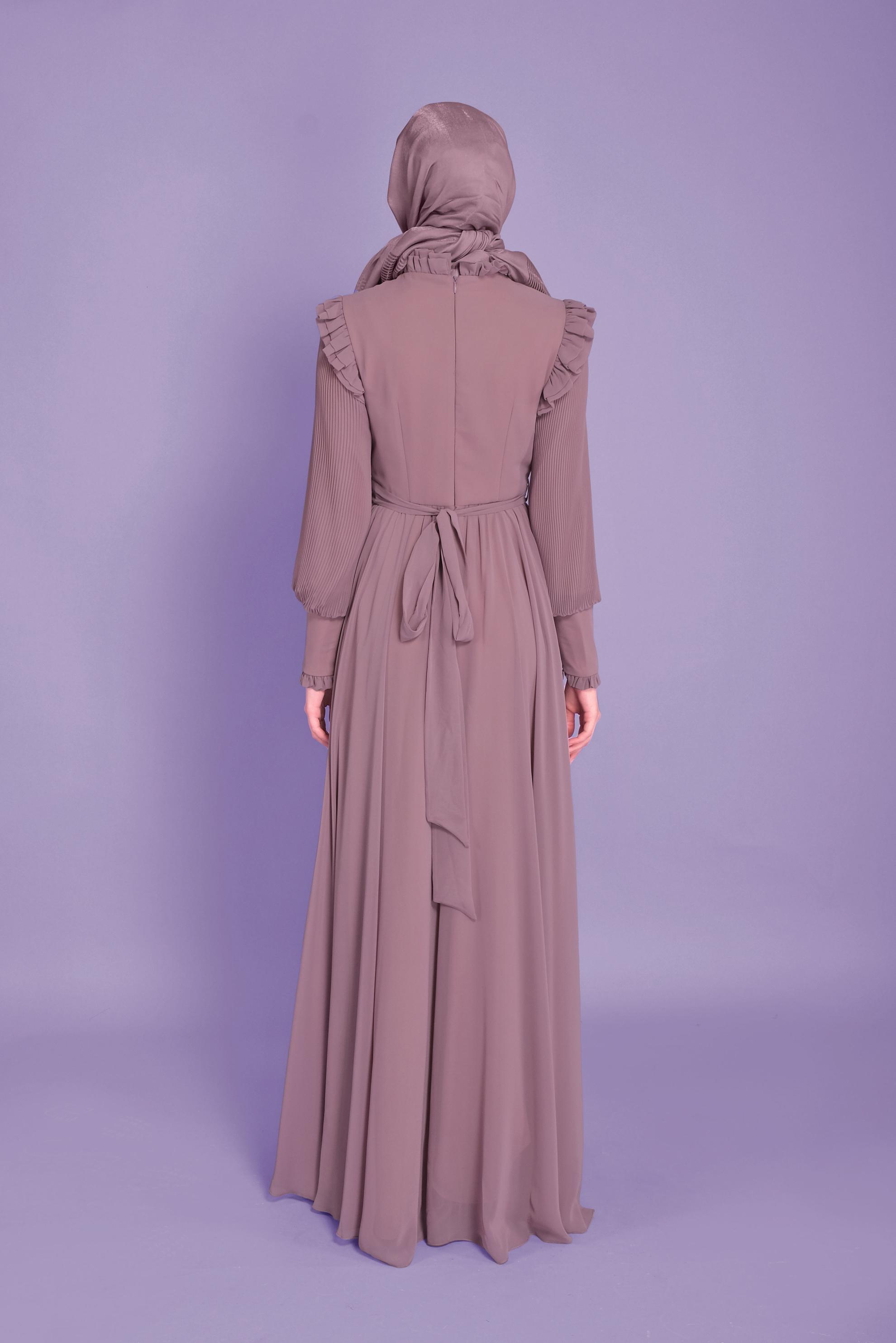 Tesettür giyim PEMBE BALON KOLLU KUŞAKLI ŞİFON ABİYE 50110 