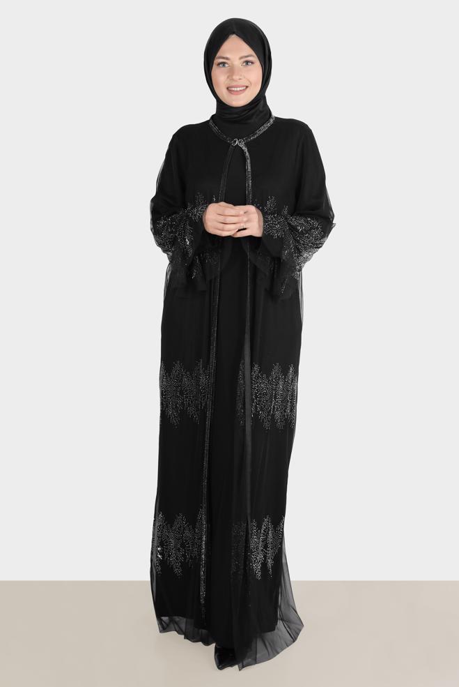 Vêtements hijab NOIR COSTUME DE SOIRÉE 2 PIÈCES EN TULLE DÉTAIL GEM 50111 - ALVİNA