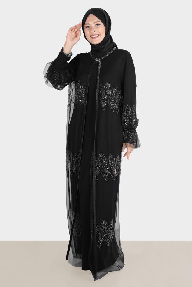 Vêtements hijab NOIR COSTUME DE SOIRÉE 2 PIÈCES EN TULLE DÉTAIL GEM 50111 - ALVİNA