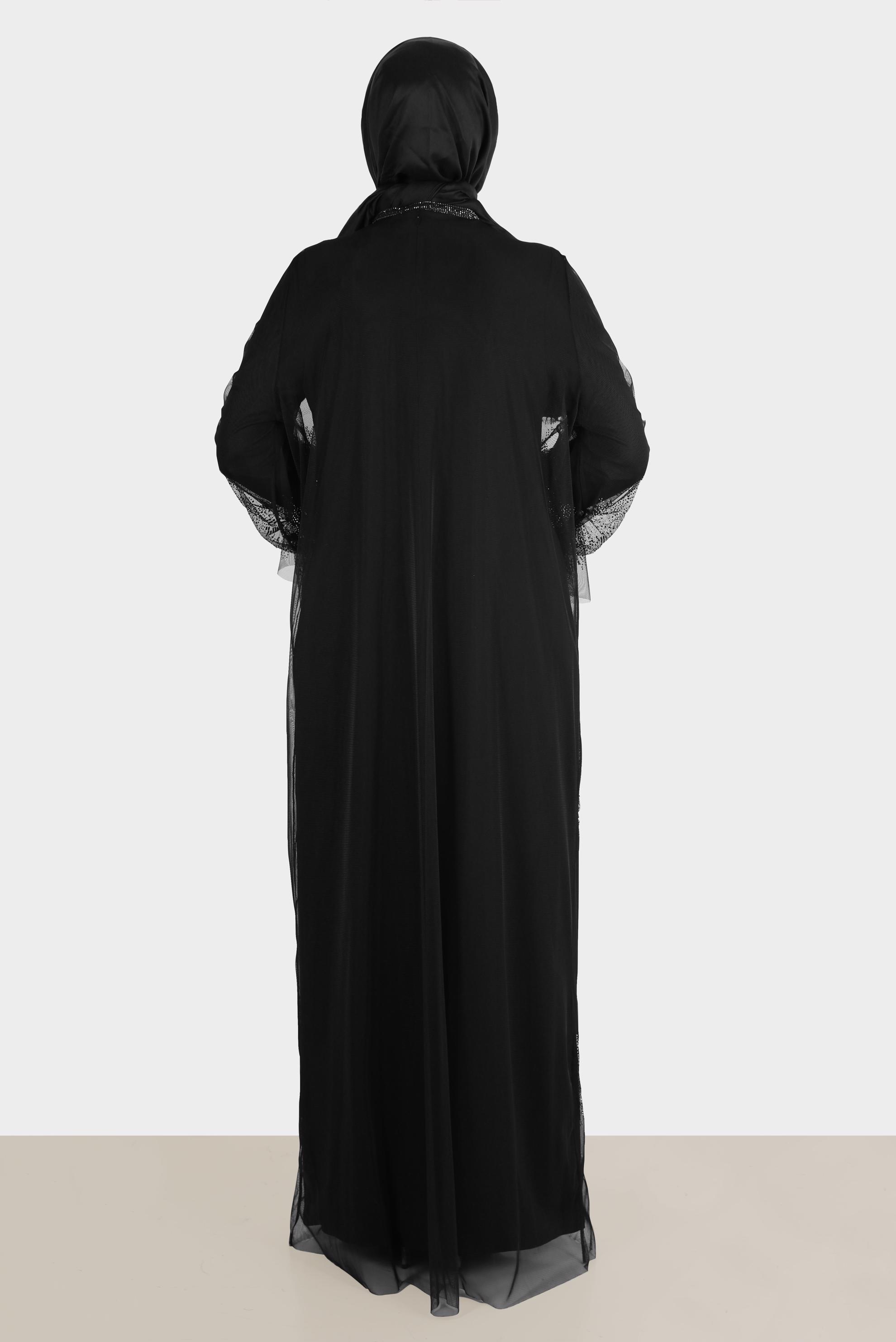 Tesettür giyim SİYAH TÜL DETAYLI TAŞLI İKİLİ ELBİSELİ ABİYE 50111 