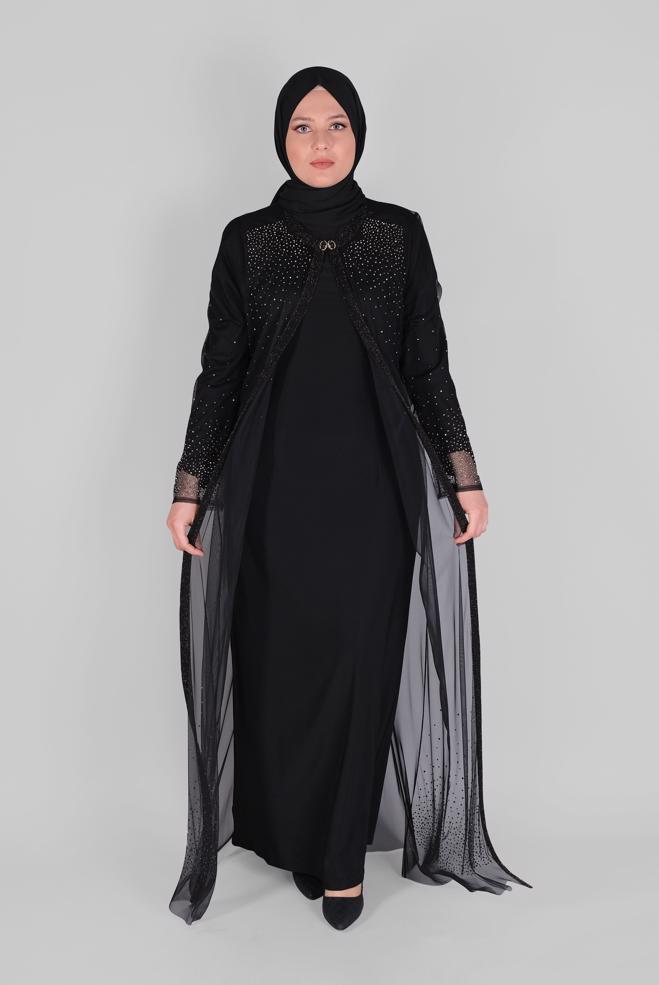 Vêtements hijab NOIR ROBE DE SOIRÉE 2 PIÈCES EN MOUSSELINE IMPRIMÉ TON AVEC VESTE 50112 - ALVİNA