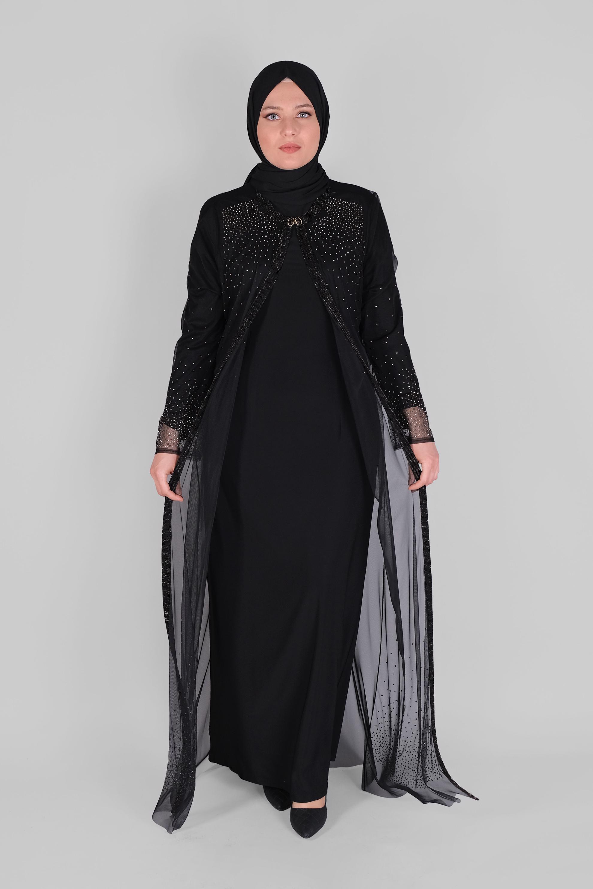 Hijab clothing BLACK STONE PRINTED CHIFFON 2-PIECE EVENING DRESS WITH JACKET 50112 