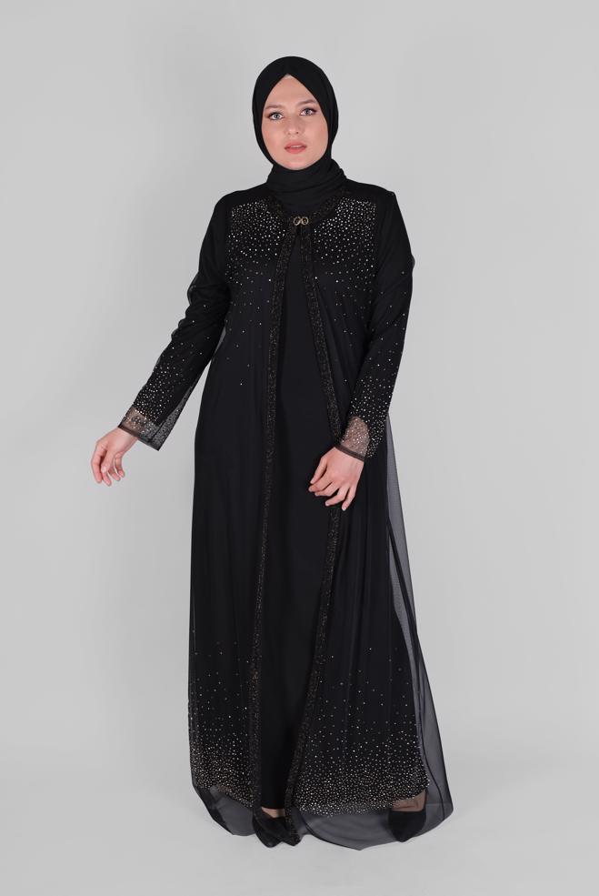 Vêtements hijab NOIR ROBE DE SOIRÉE 2 PIÈCES EN MOUSSELINE IMPRIMÉ TON AVEC VESTE 50112 - ALVİNA