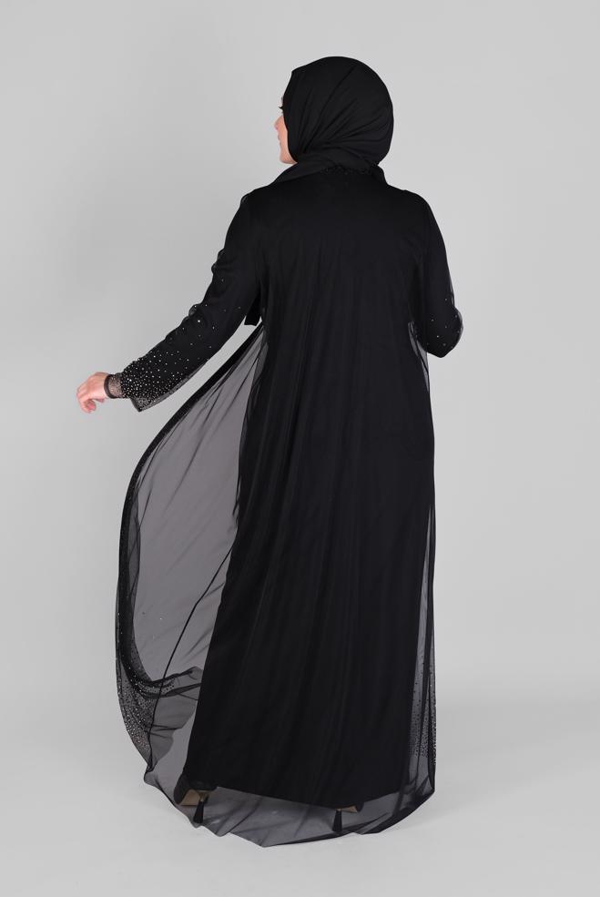 Vêtements hijab NOIR ROBE DE SOIRÉE 2 PIÈCES EN MOUSSELINE IMPRIMÉ TON AVEC VESTE 50112 - ALVİNA
