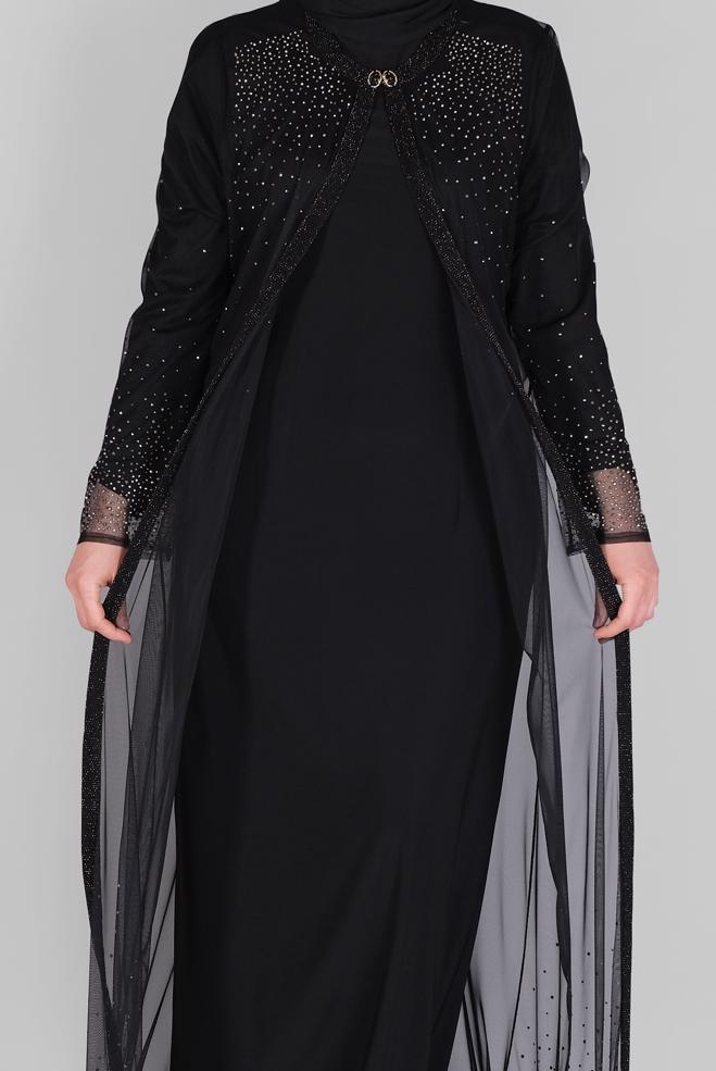 Vêtements hijab NOIR ROBE DE SOIRÉE 2 PIÈCES EN MOUSSELINE IMPRIMÉ TON AVEC VESTE 50112 - ALVİNA