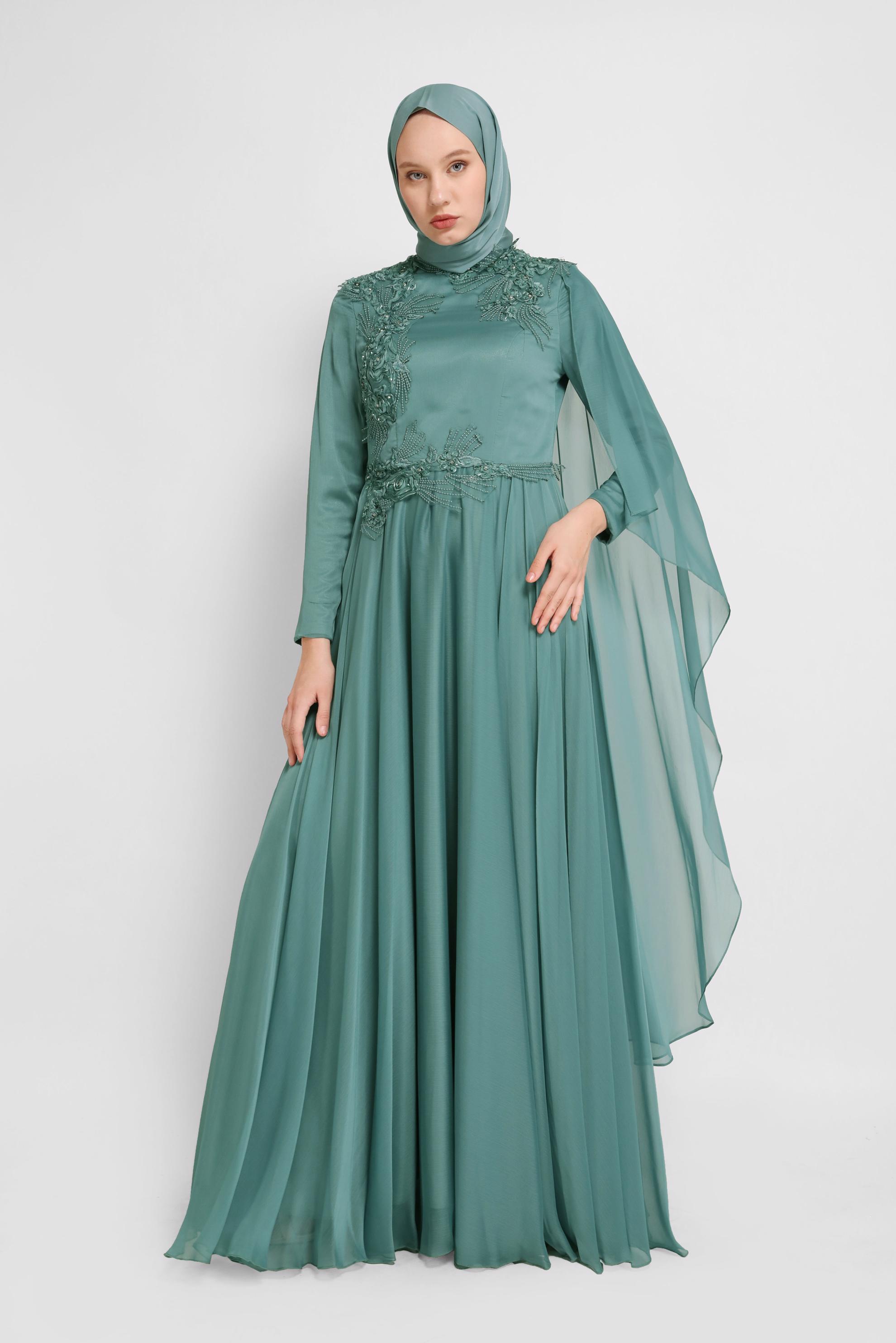 Hijab clothing GREEN EMBROIDERY DETAIL CHIFFON EVENING DRESS 50113 