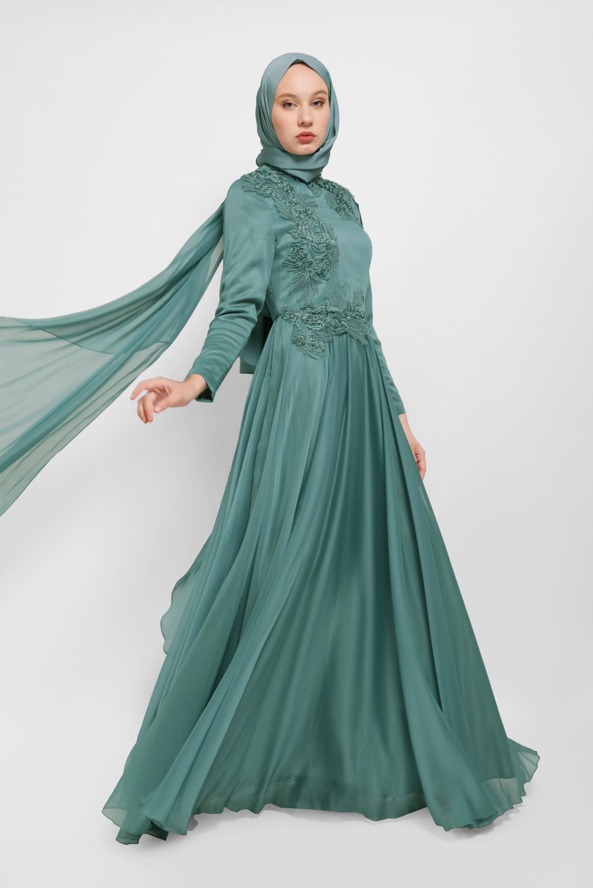 Hijab clothing GREEN EMBROIDERY DETAIL CHIFFON EVENING DRESS 50113 