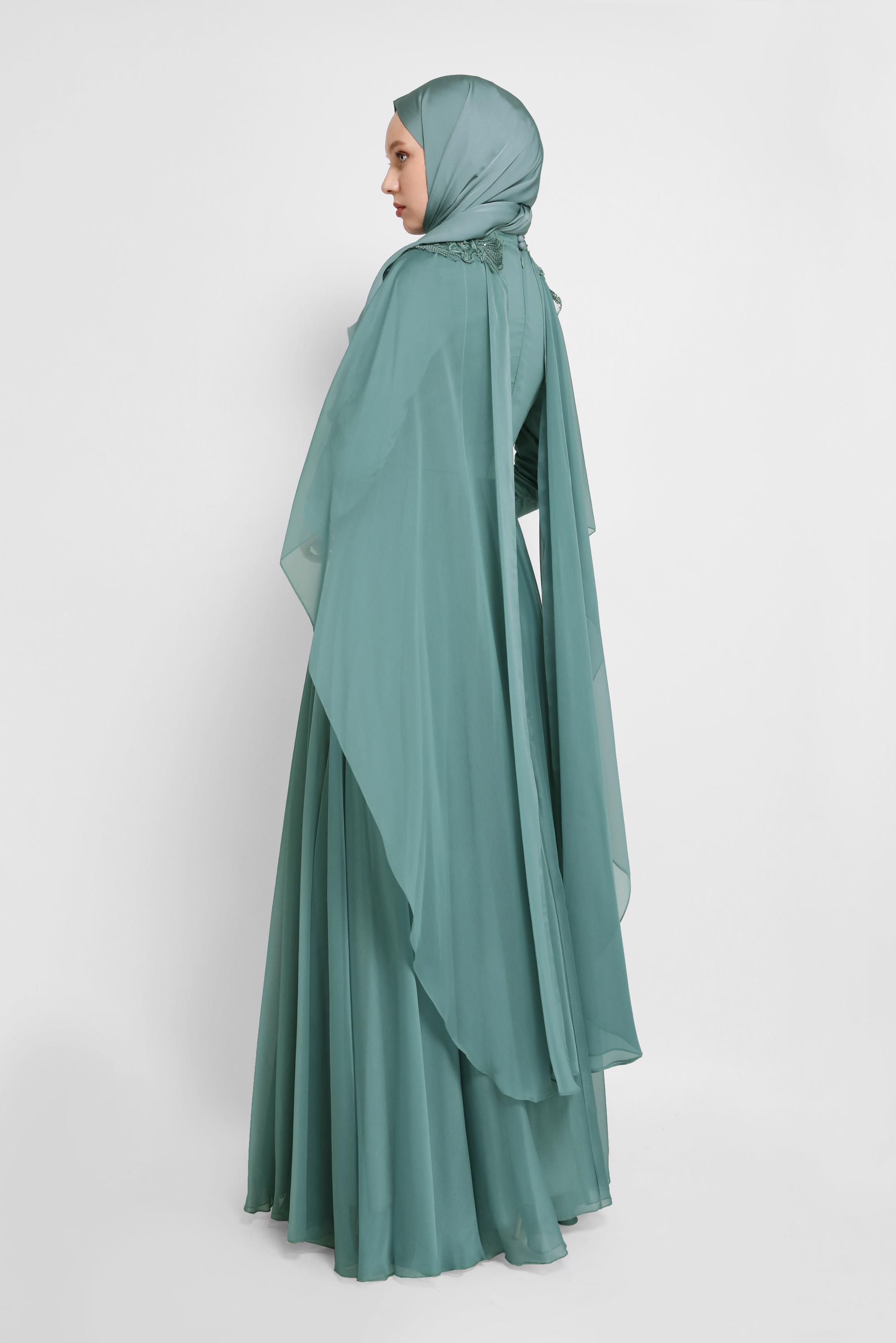 Hijab clothing GREEN EMBROIDERY DETAIL CHIFFON EVENING DRESS 50113 