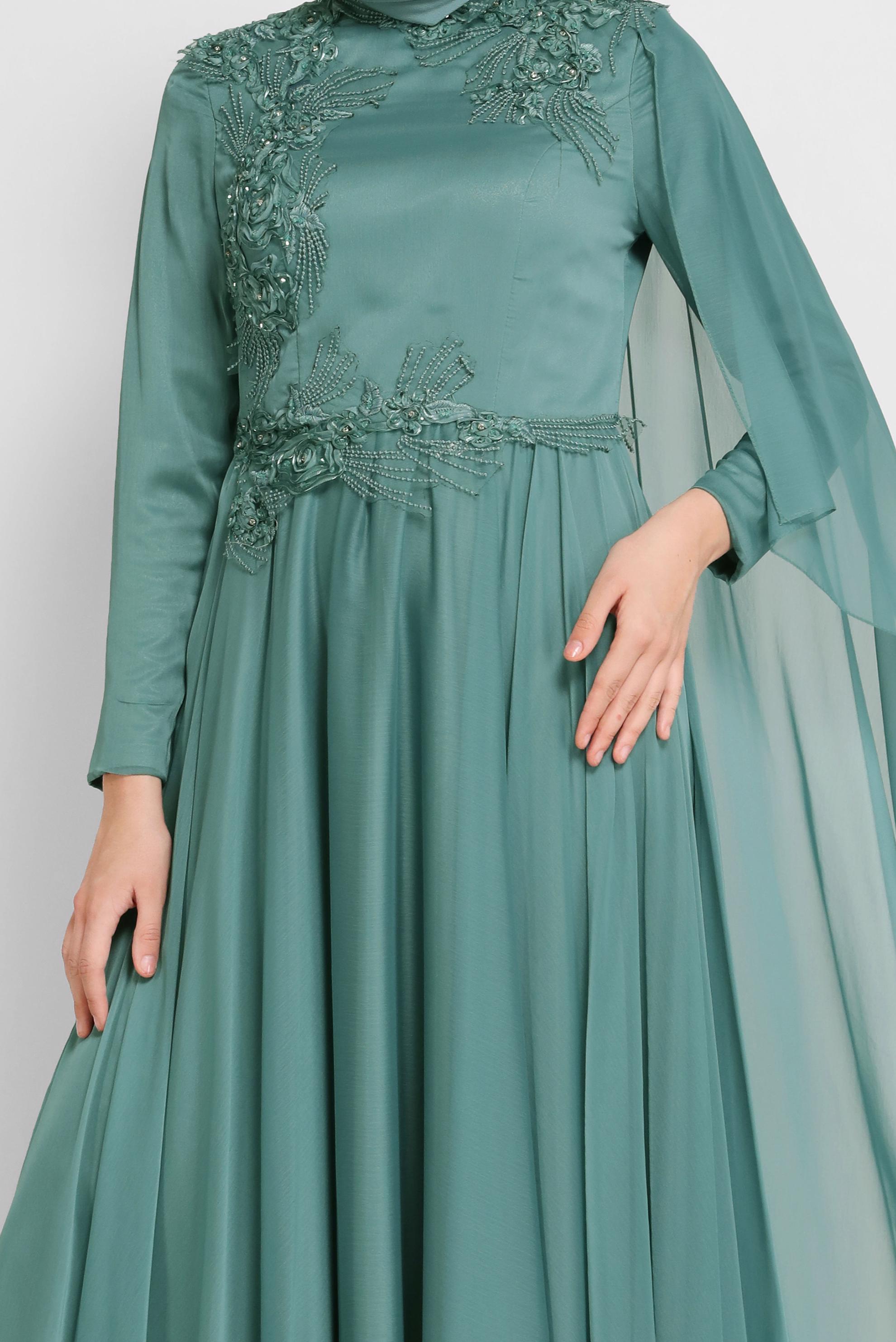 Hijab clothing GREEN EMBROIDERY DETAIL CHIFFON EVENING DRESS 50113 