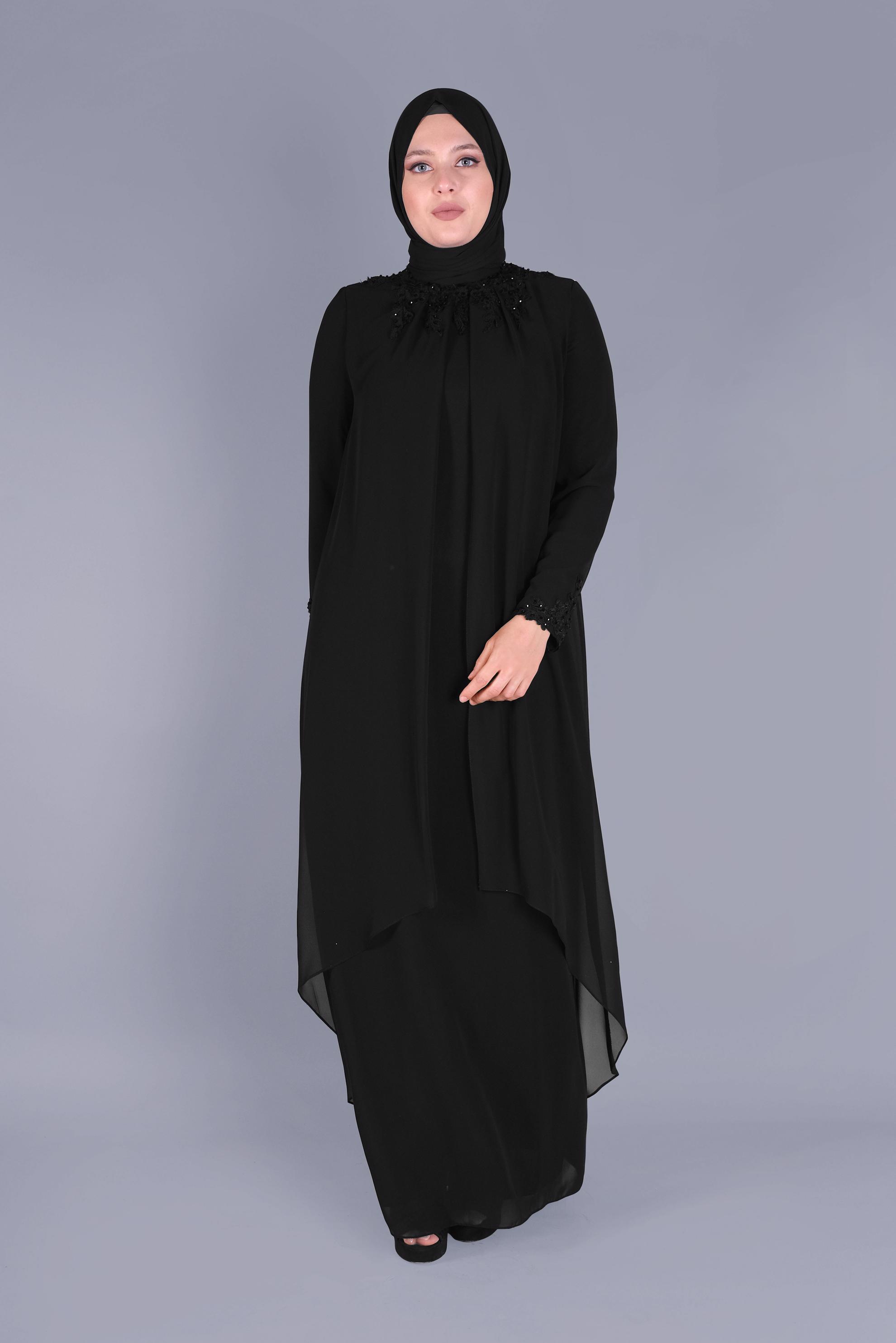 Hijab clothing BLACK LACE EMBROIDERED CHIFFON EVENING DRESS 50114 