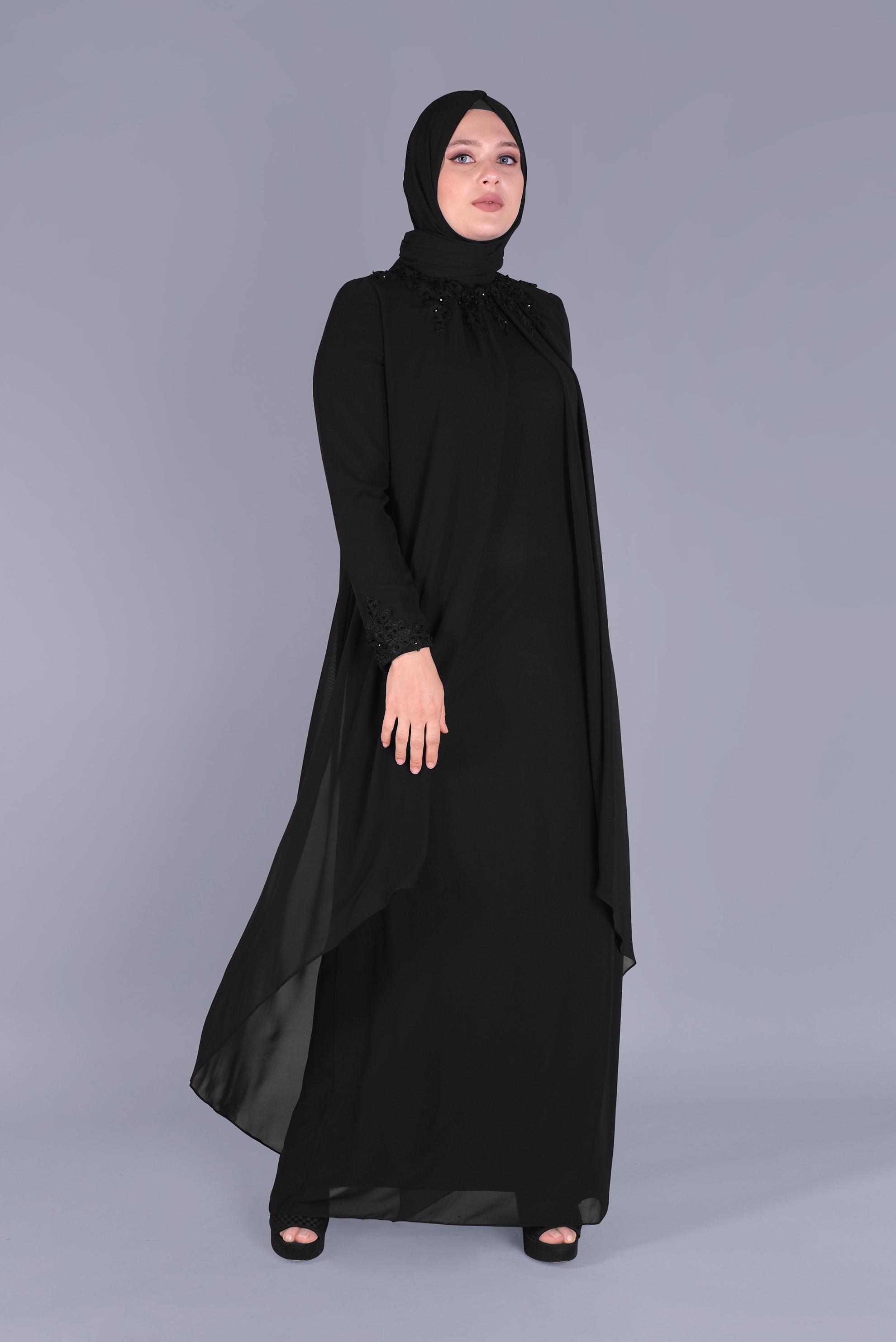 Hijab clothing BLACK LACE EMBROIDERED CHIFFON EVENING DRESS 50114 