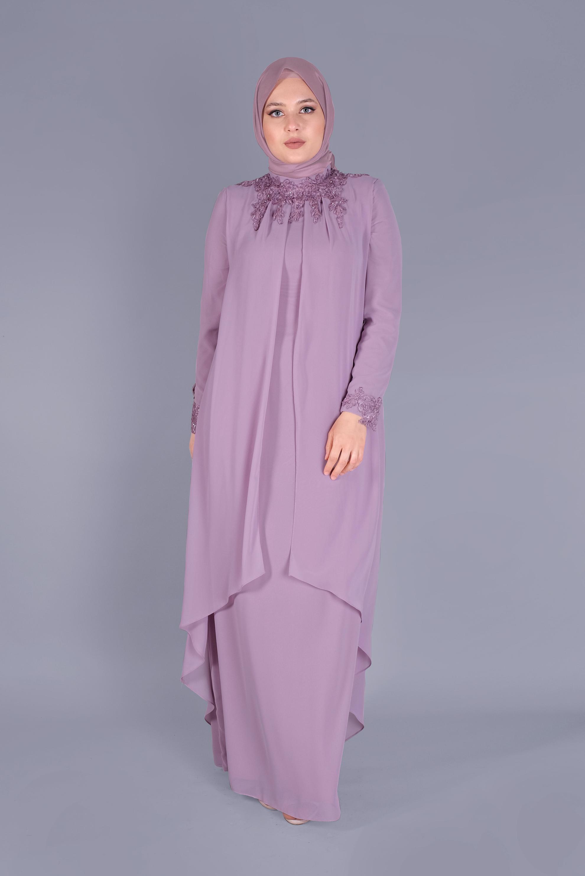 Hijab clothing PINK LACE EMBROIDERED CHIFFON EVENING DRESS 50114 