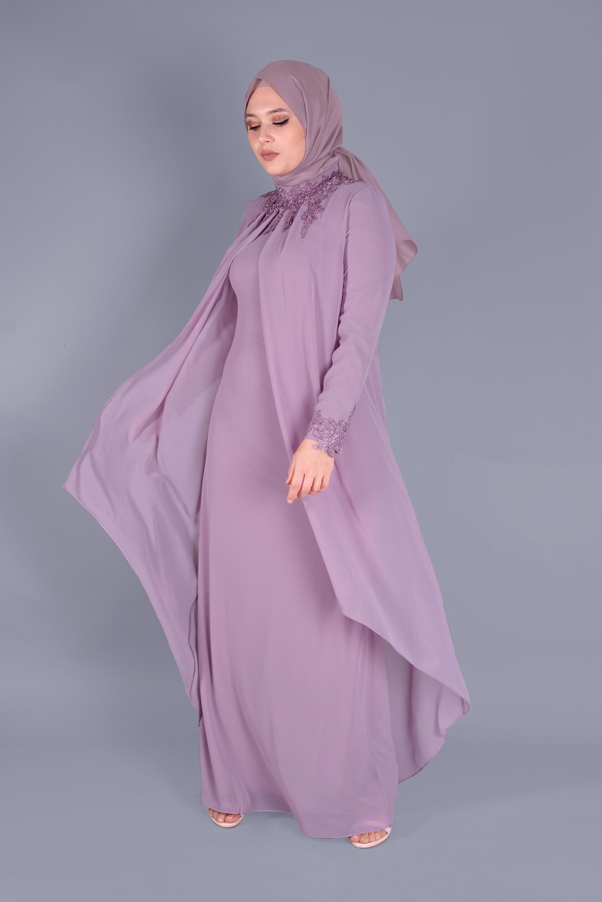 Hijab clothing PINK LACE EMBROIDERED CHIFFON EVENING DRESS 50114 