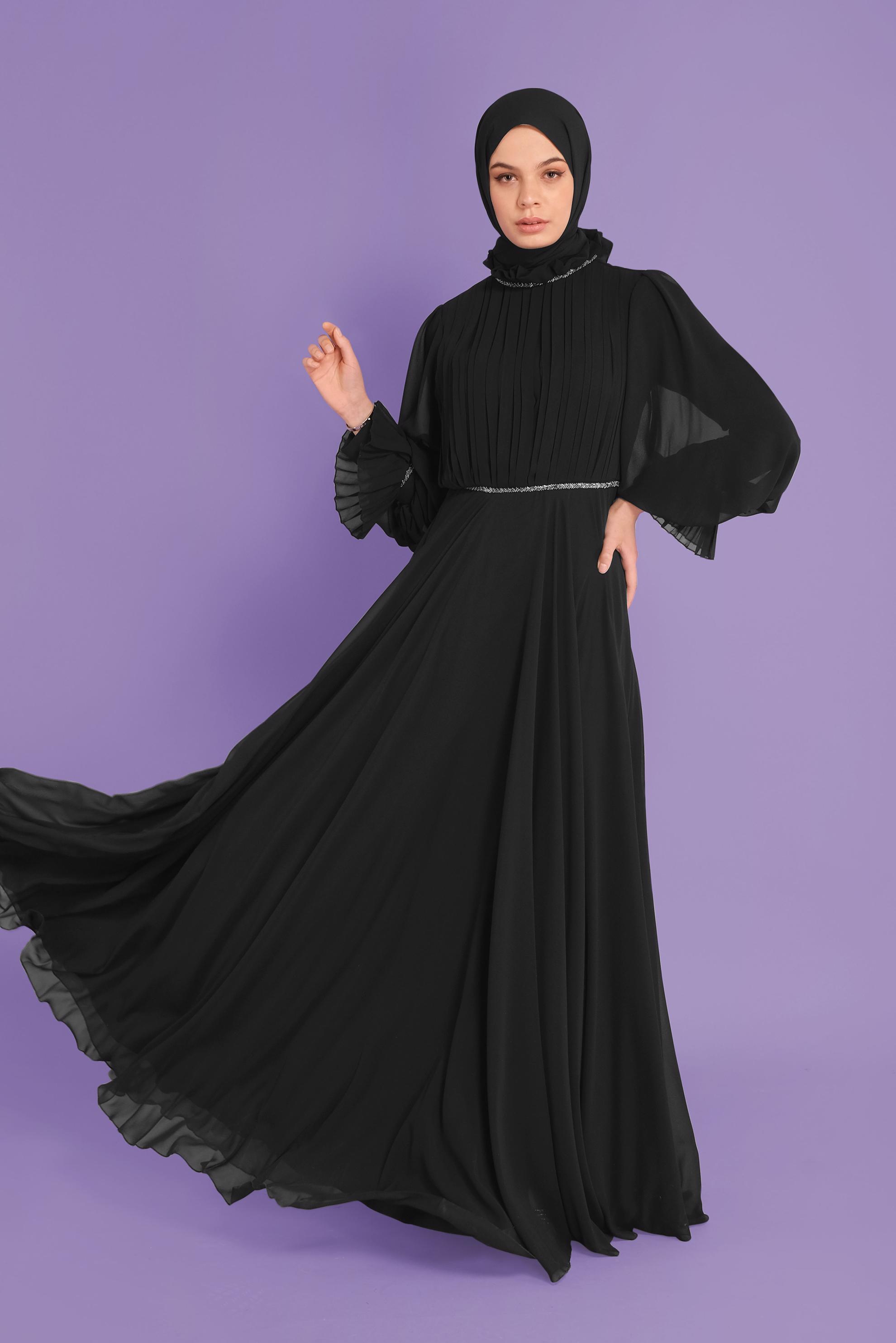 Tesettür giyim SİYAH PİLİSELİ ŞİFON ABİYE ELBİSE 50115