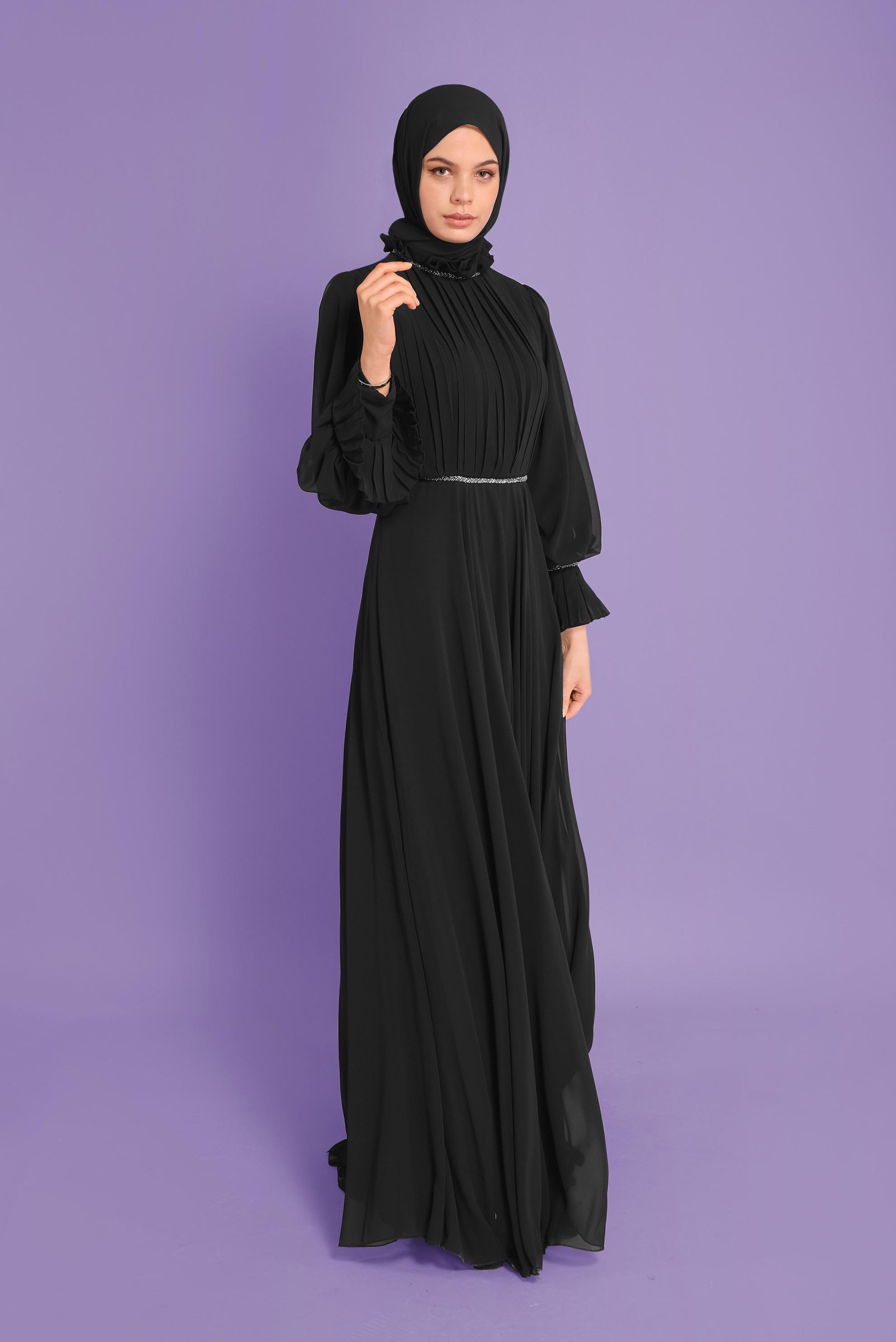 Tesettür giyim SİYAH PİLİSELİ ŞİFON ABİYE ELBİSE 50115
