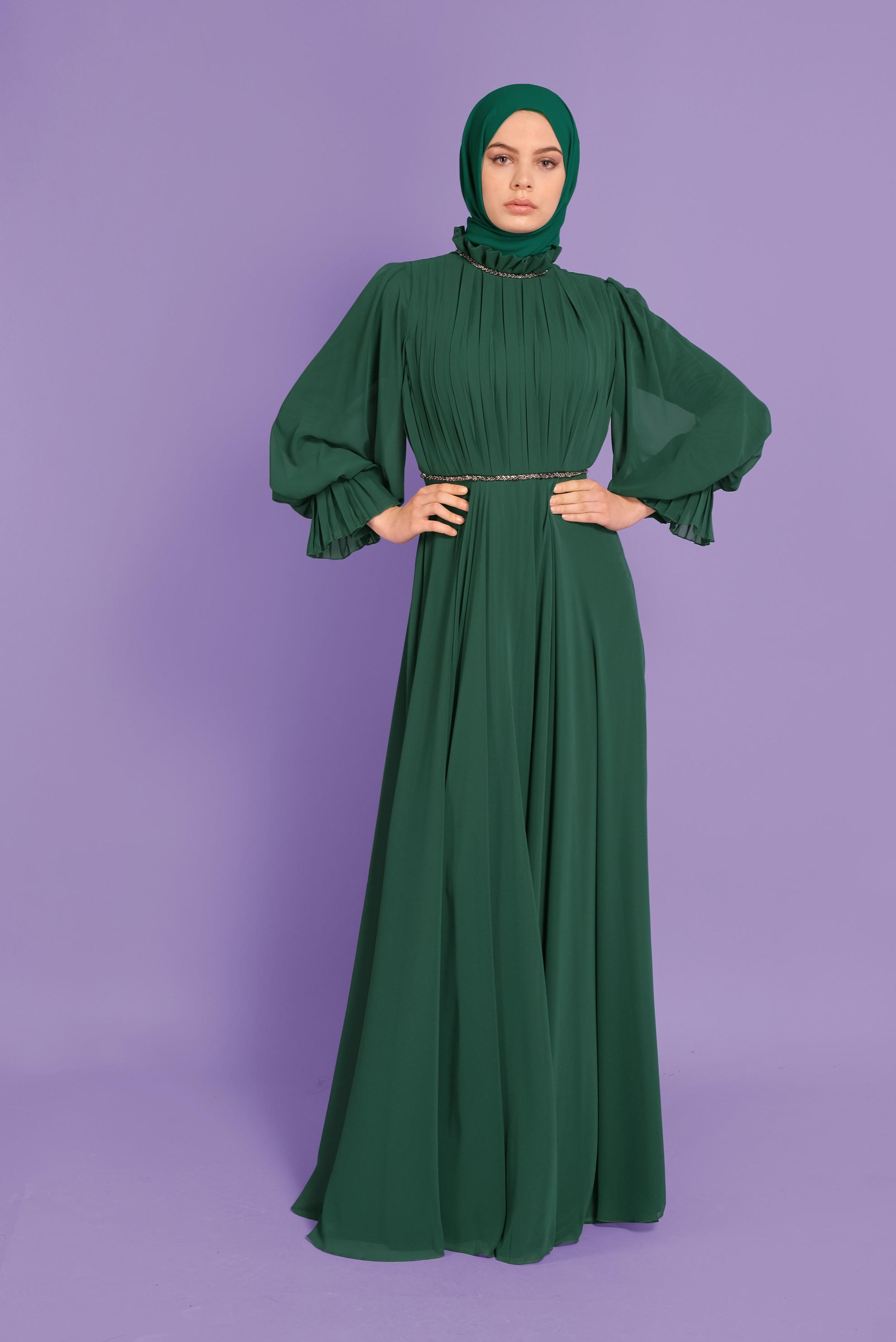 Tesettür giyim YEŞİL PİLİSELİ ŞİFON ABİYE ELBİSE 50115