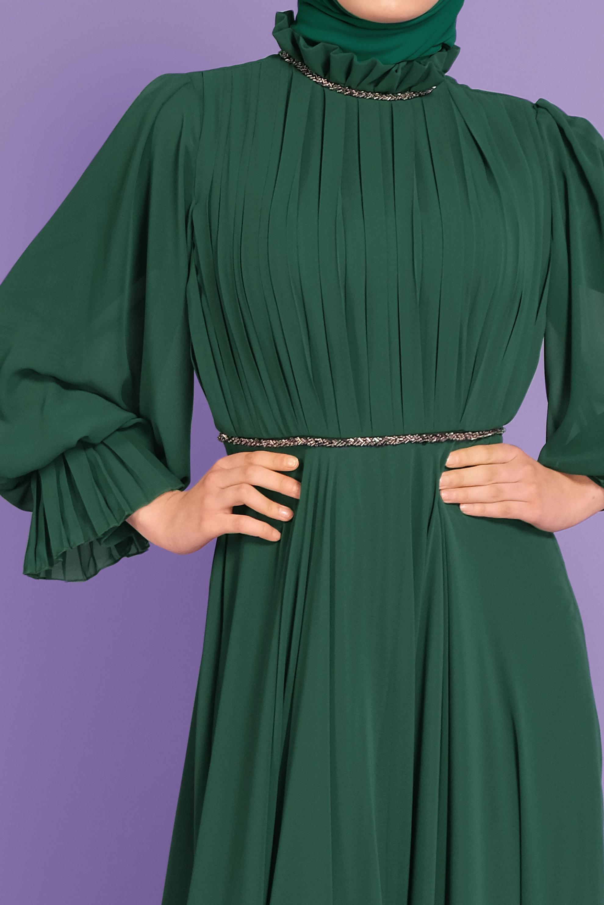 Tesettür giyim YEŞİL PİLİSELİ ŞİFON ABİYE ELBİSE 50115