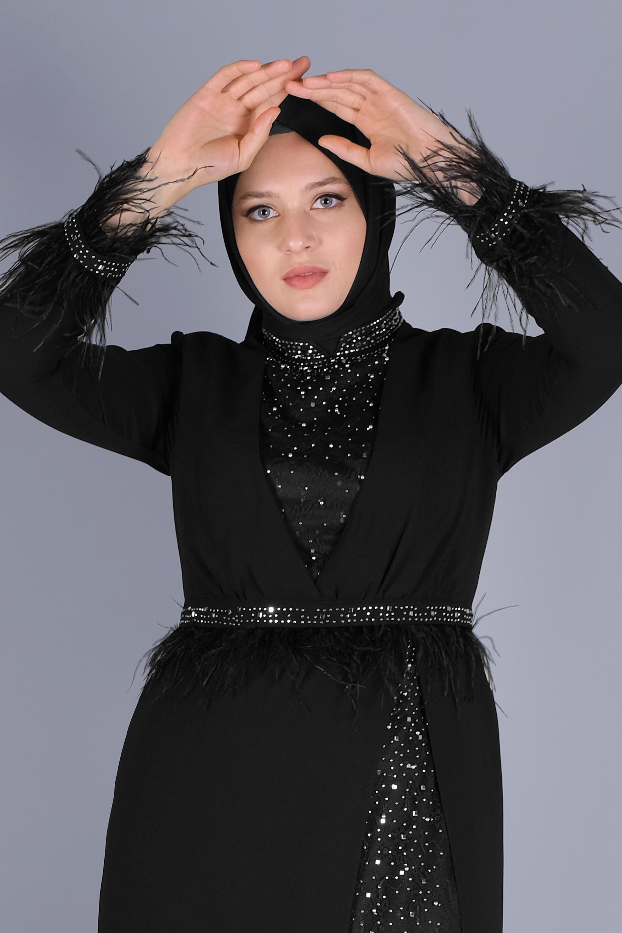 Hijab clothing BLACK FURRY STONE PRINTED EVENING DRESS 50116 