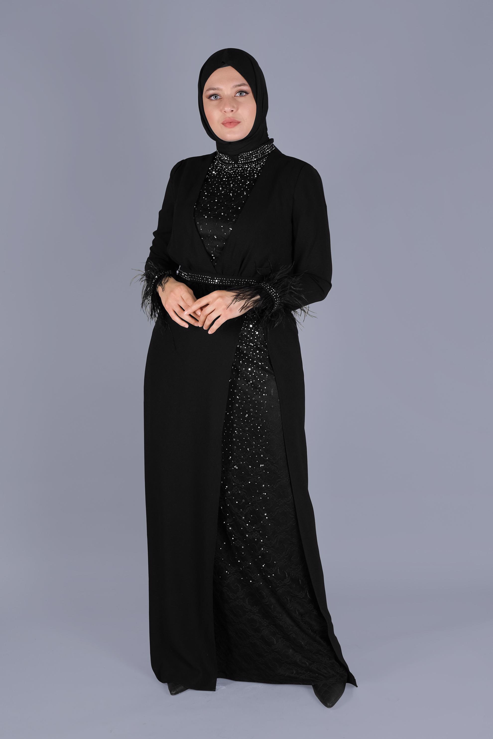 Hijab clothing BLACK FURRY STONE PRINTED EVENING DRESS 50116 