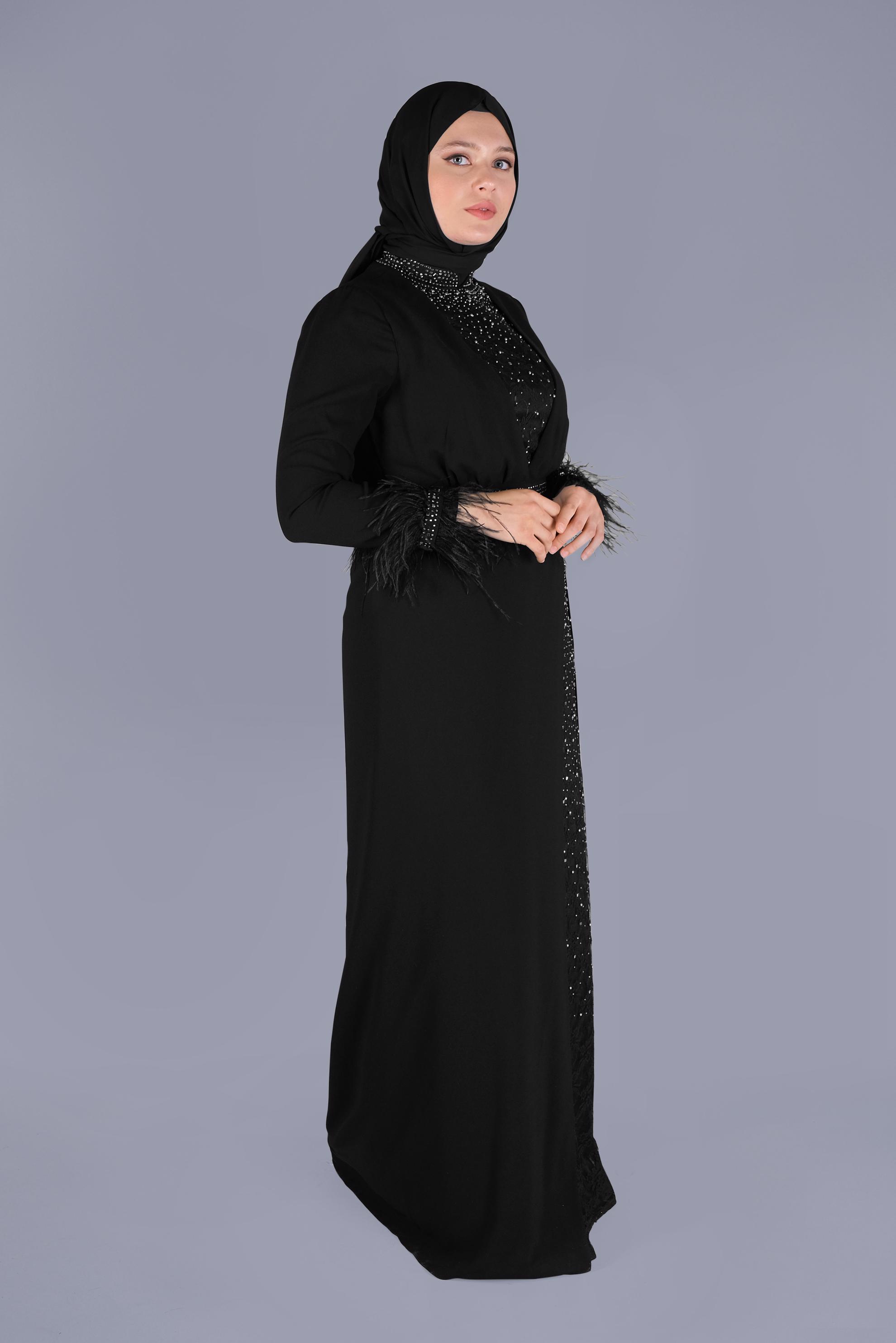 Hijab clothing BLACK FURRY STONE PRINTED EVENING DRESS 50116 