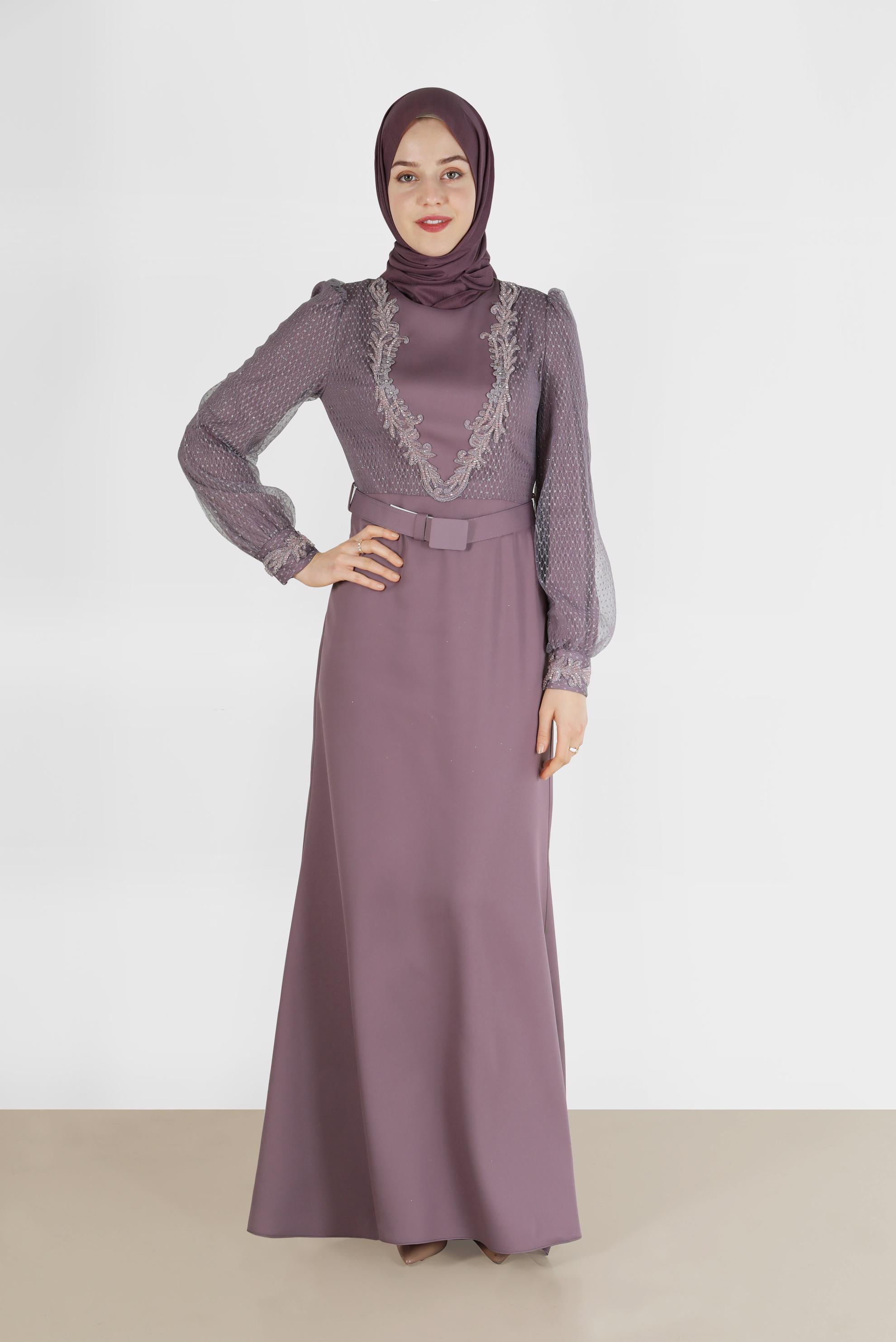 Tesettür giyim MOR BONCUKLU SİMLİ ABİYE ELBİSE  50117 