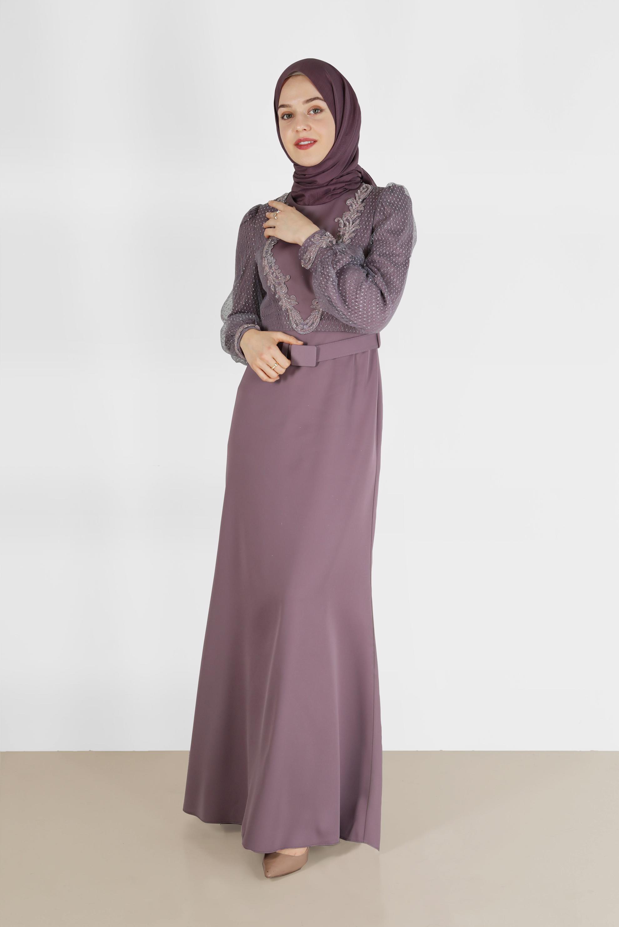 Tesettür giyim MOR BONCUKLU SİMLİ ABİYE ELBİSE  50117 