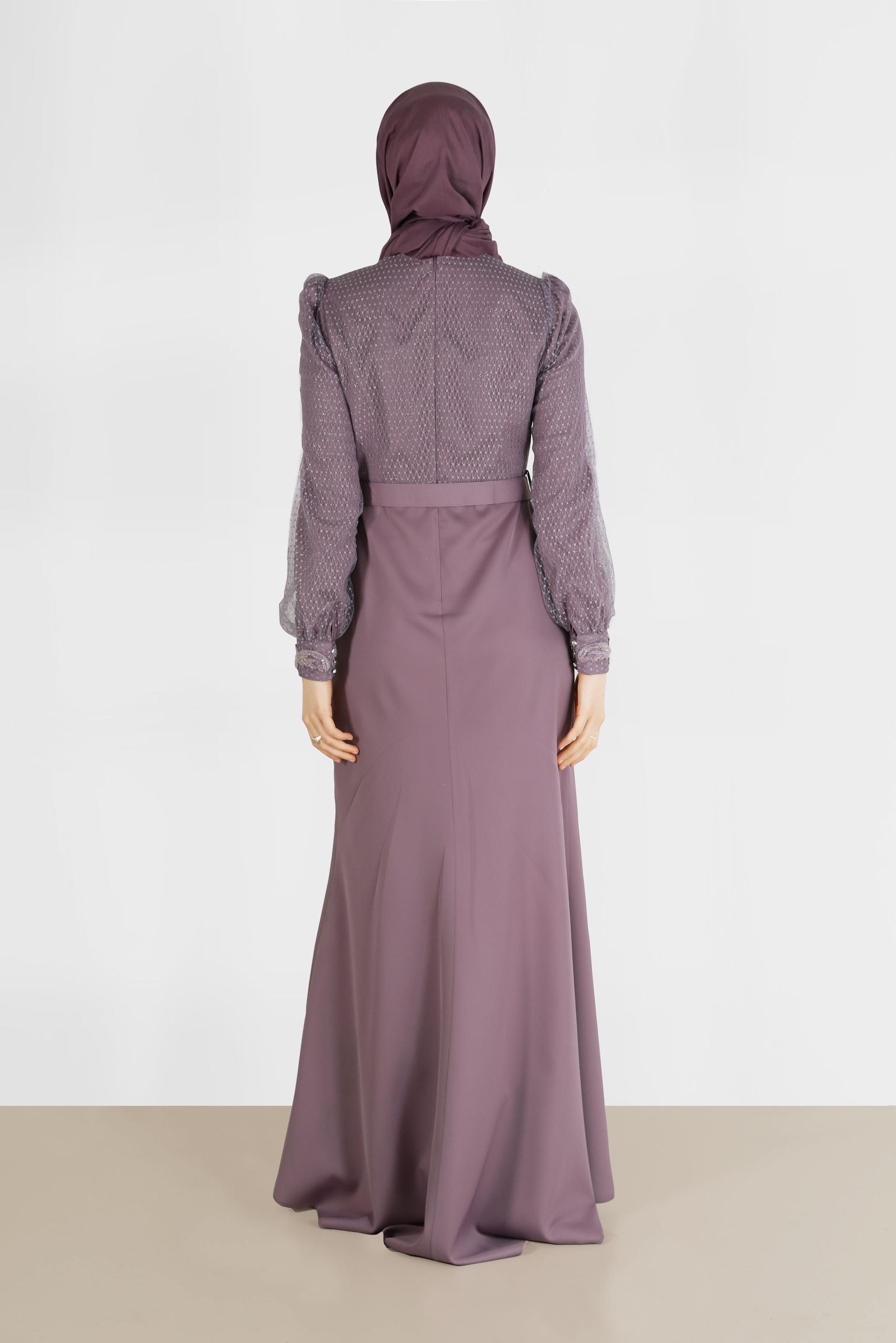 Tesettür giyim MOR BONCUKLU SİMLİ ABİYE ELBİSE  50117 