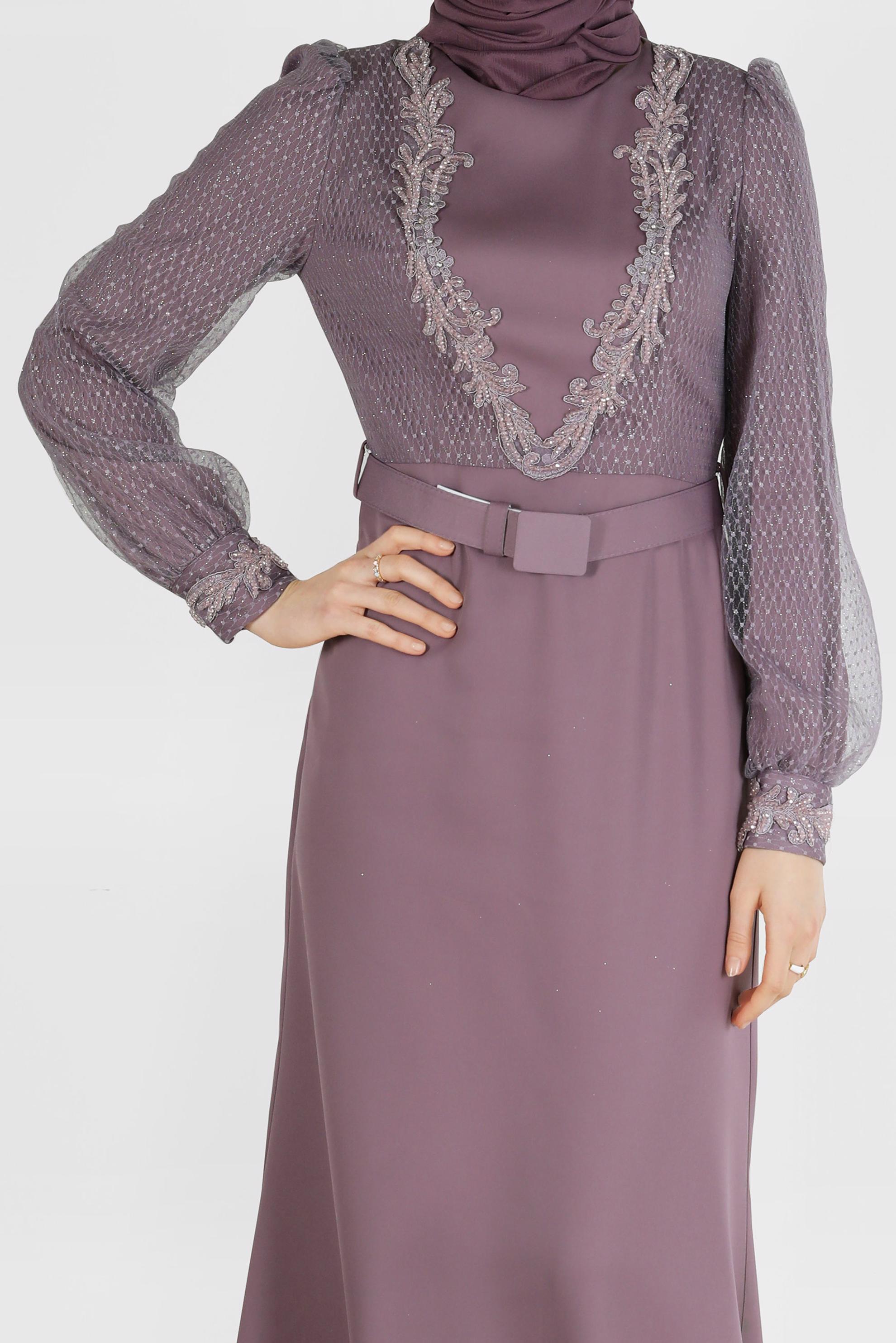 Tesettür giyim MOR BONCUKLU SİMLİ ABİYE ELBİSE  50117 