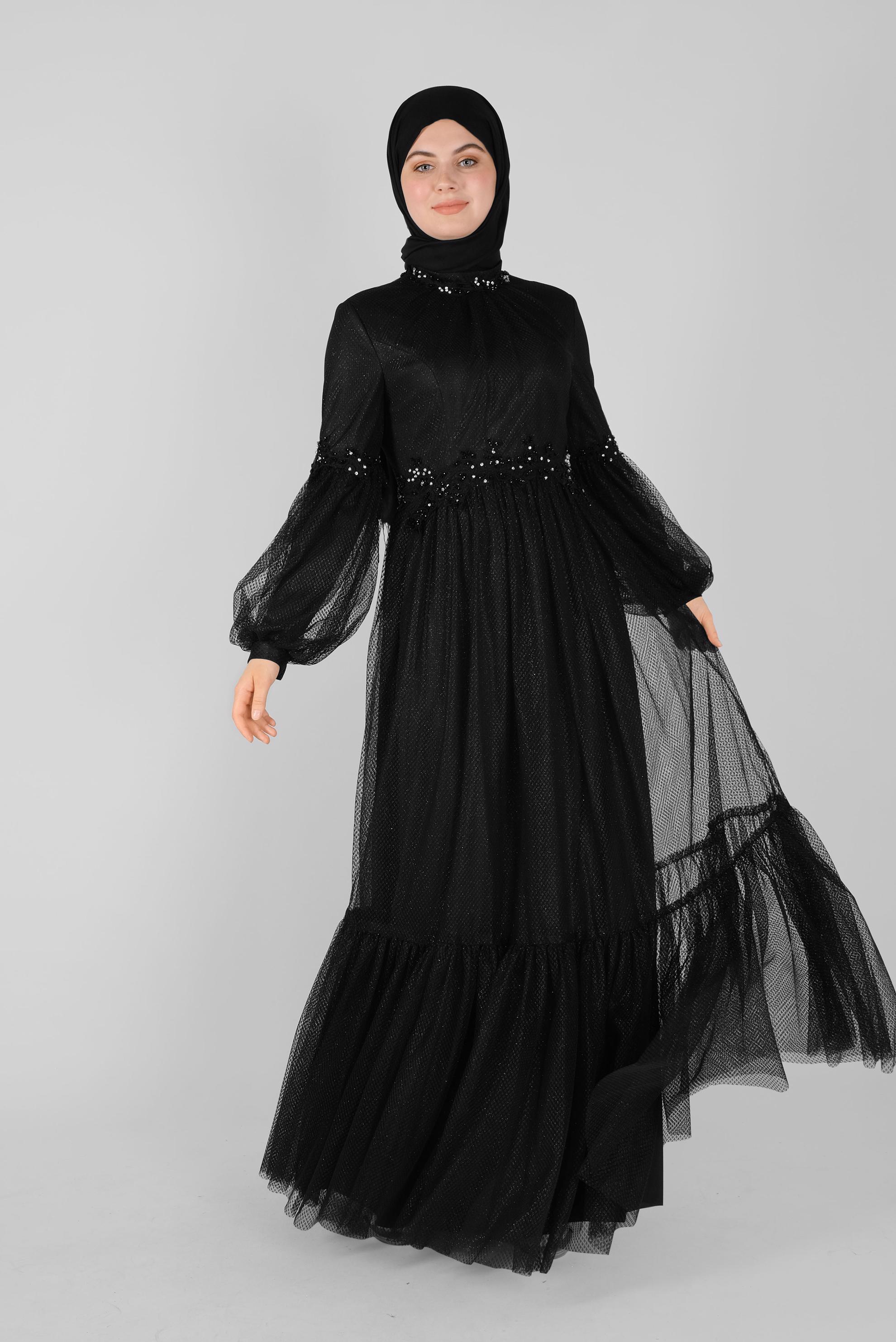 Hijab clothing BLACK LACE BALLOON SLEEVE EVENING DRESS 50118 