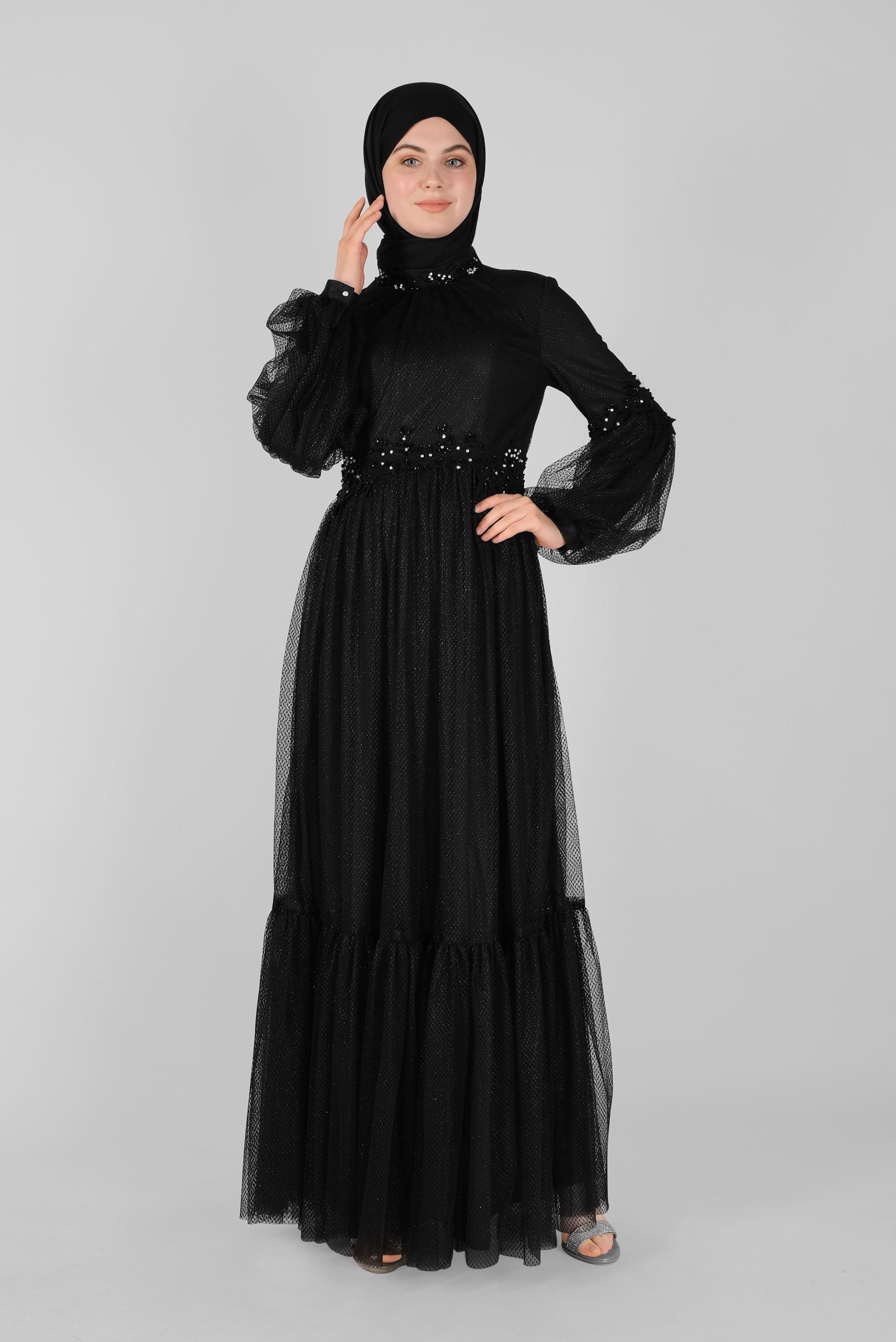 Hijab clothing BLACK LACE BALLOON SLEEVE EVENING DRESS 50118 