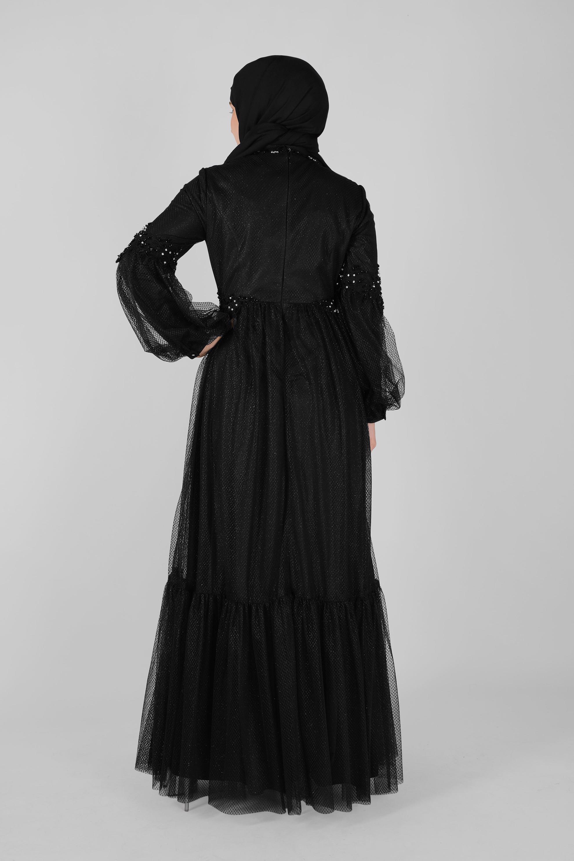 Hijab clothing BLACK LACE BALLOON SLEEVE EVENING DRESS 50118 