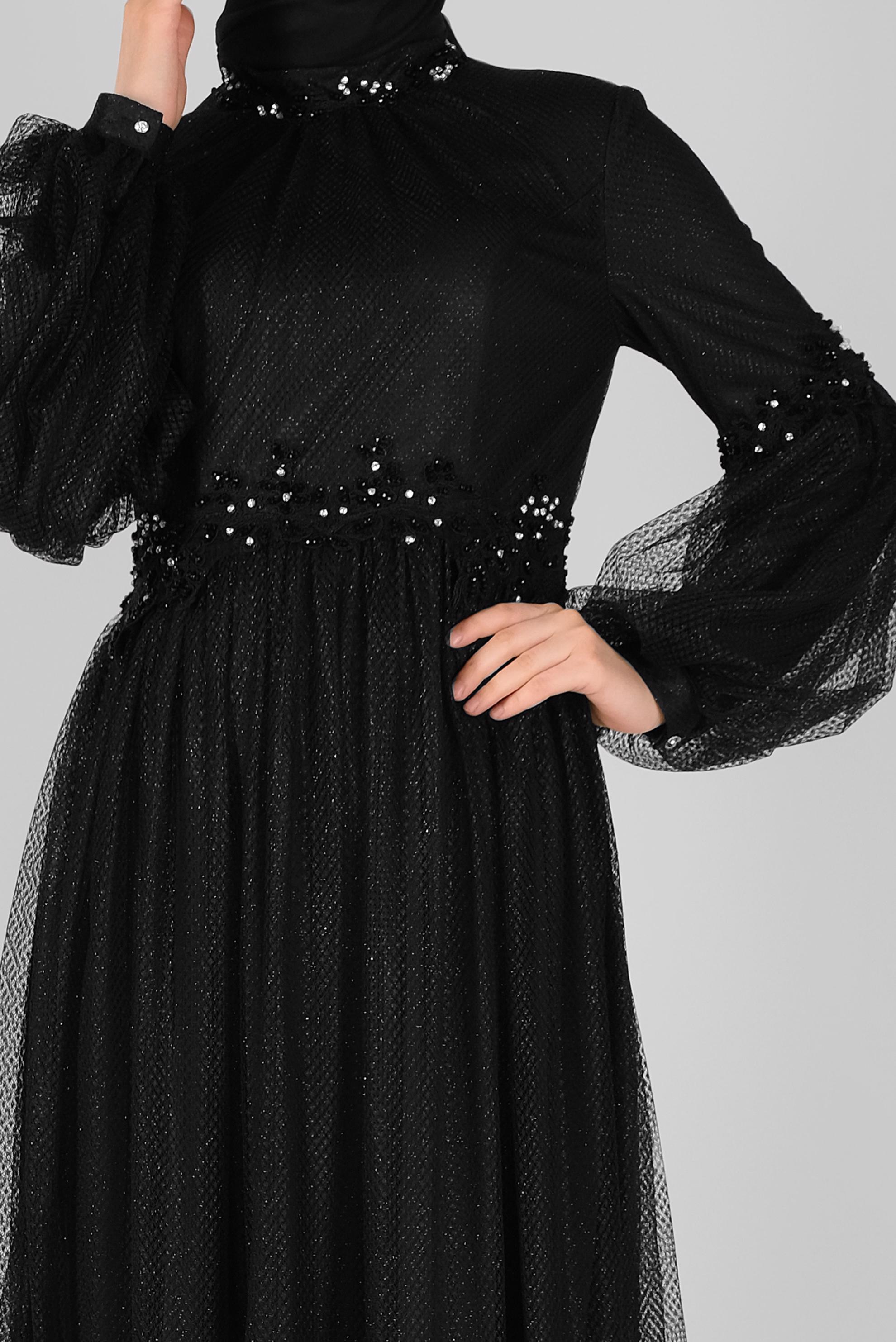 Hijab clothing BLACK LACE BALLOON SLEEVE EVENING DRESS 50118 