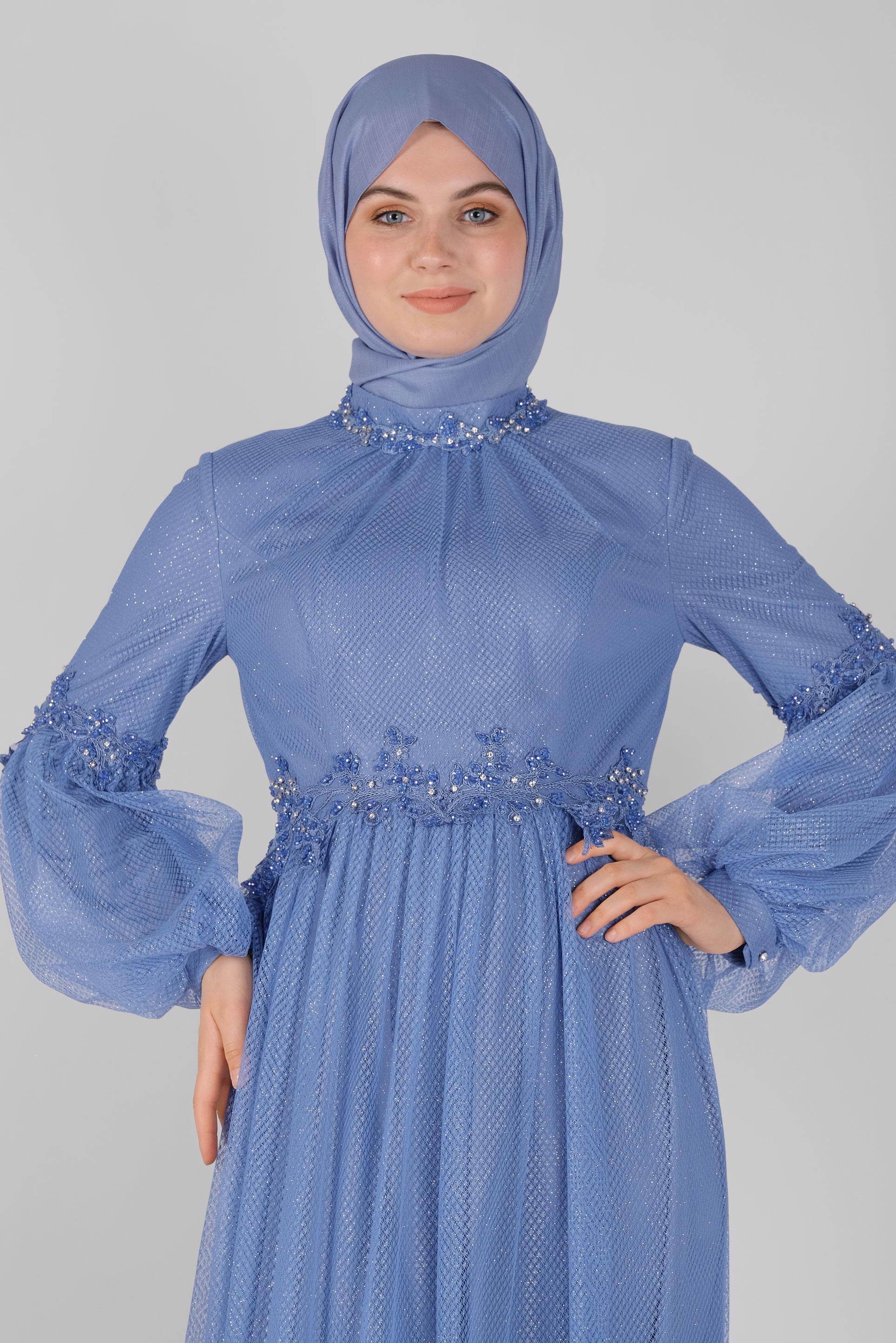 Hijab clothing BLUE LACE BALLOON SLEEVE EVENING DRESS 50118 