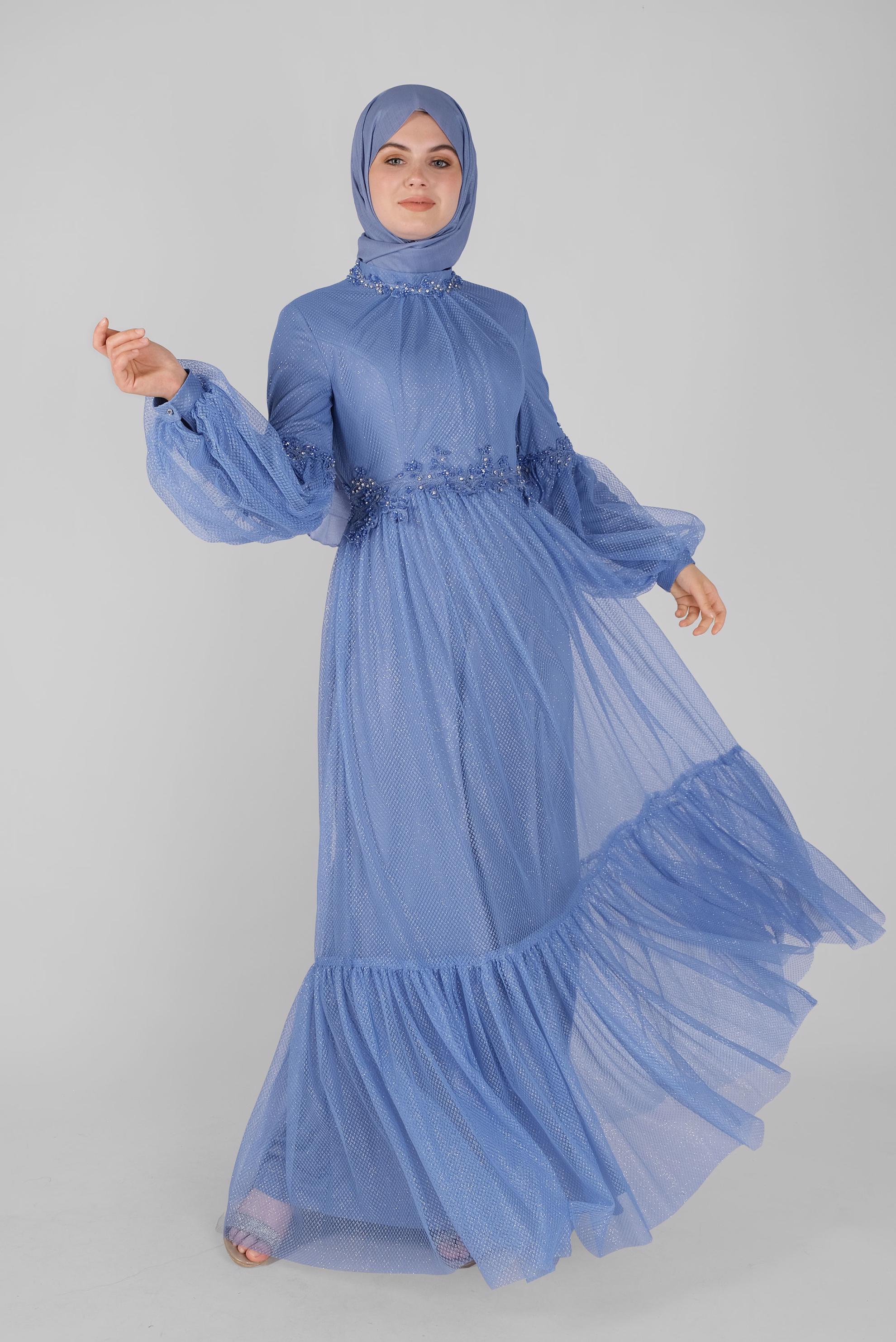 Hijab clothing BLUE LACE BALLOON SLEEVE EVENING DRESS 50118 