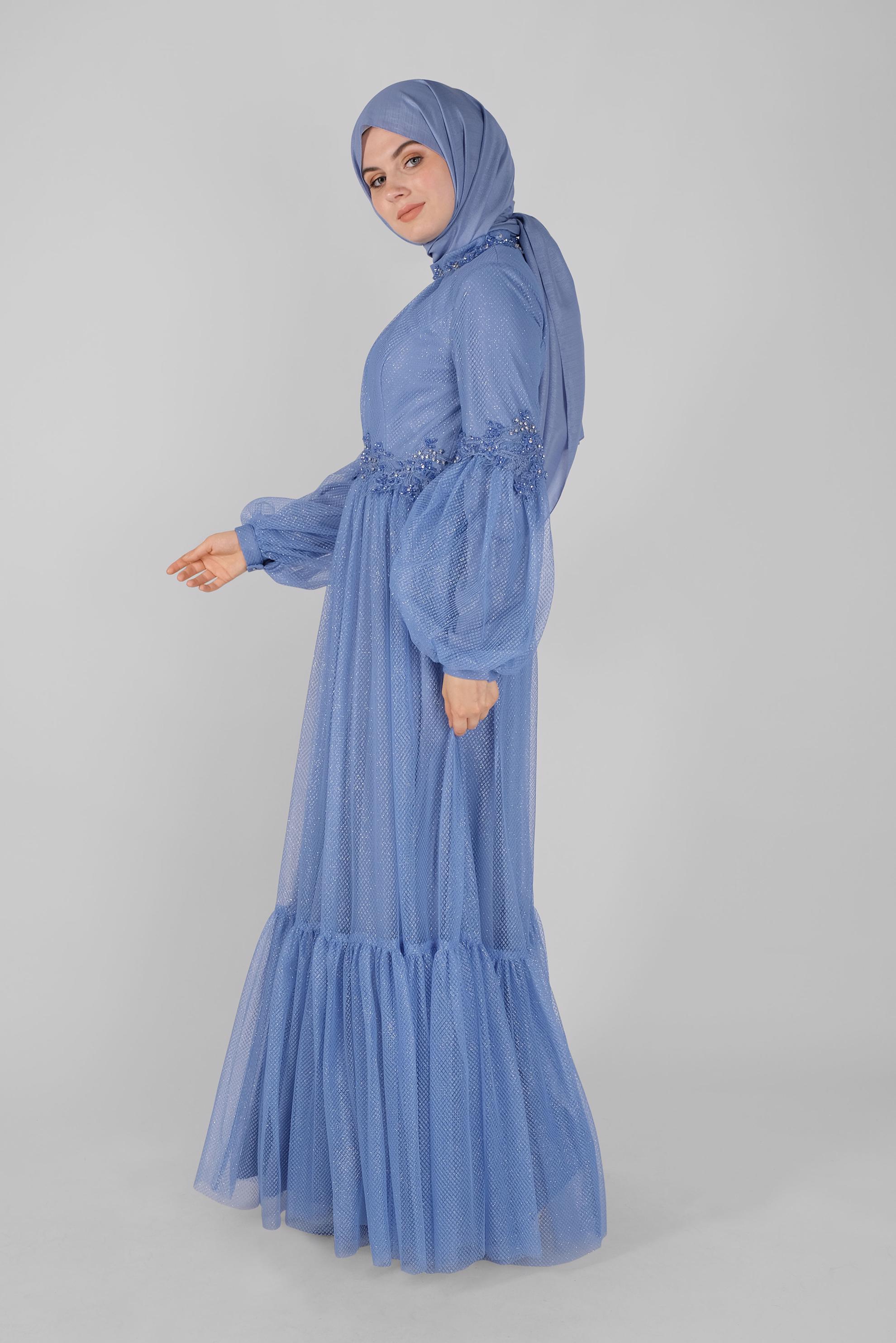 Hijab clothing BLUE LACE BALLOON SLEEVE EVENING DRESS 50118 