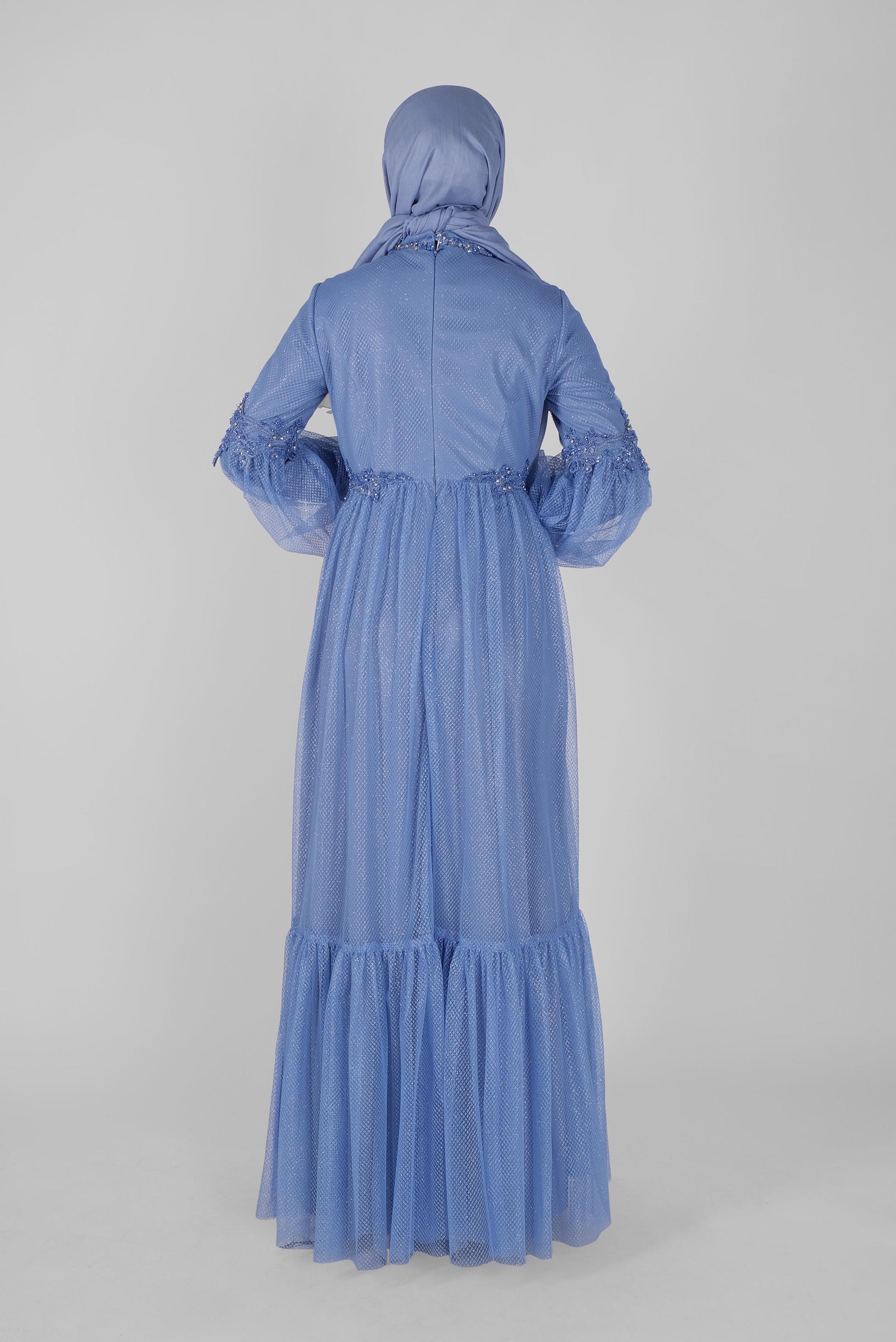 Hijab clothing BLUE LACE BALLOON SLEEVE EVENING DRESS 50118 