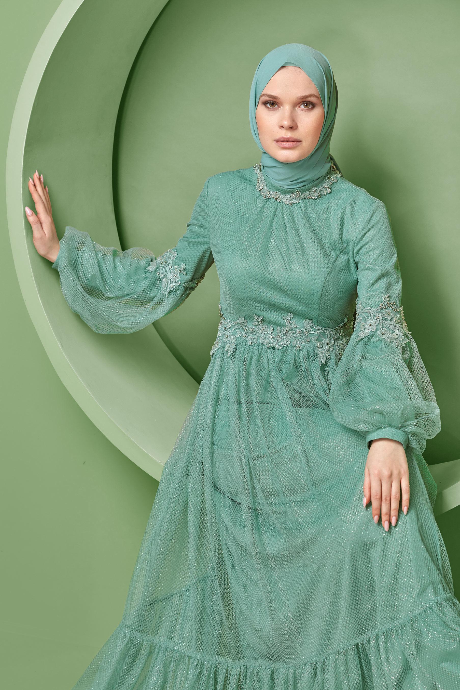 Hijab clothing GREEN LACE BALLOON SLEEVE EVENING DRESS 50118 