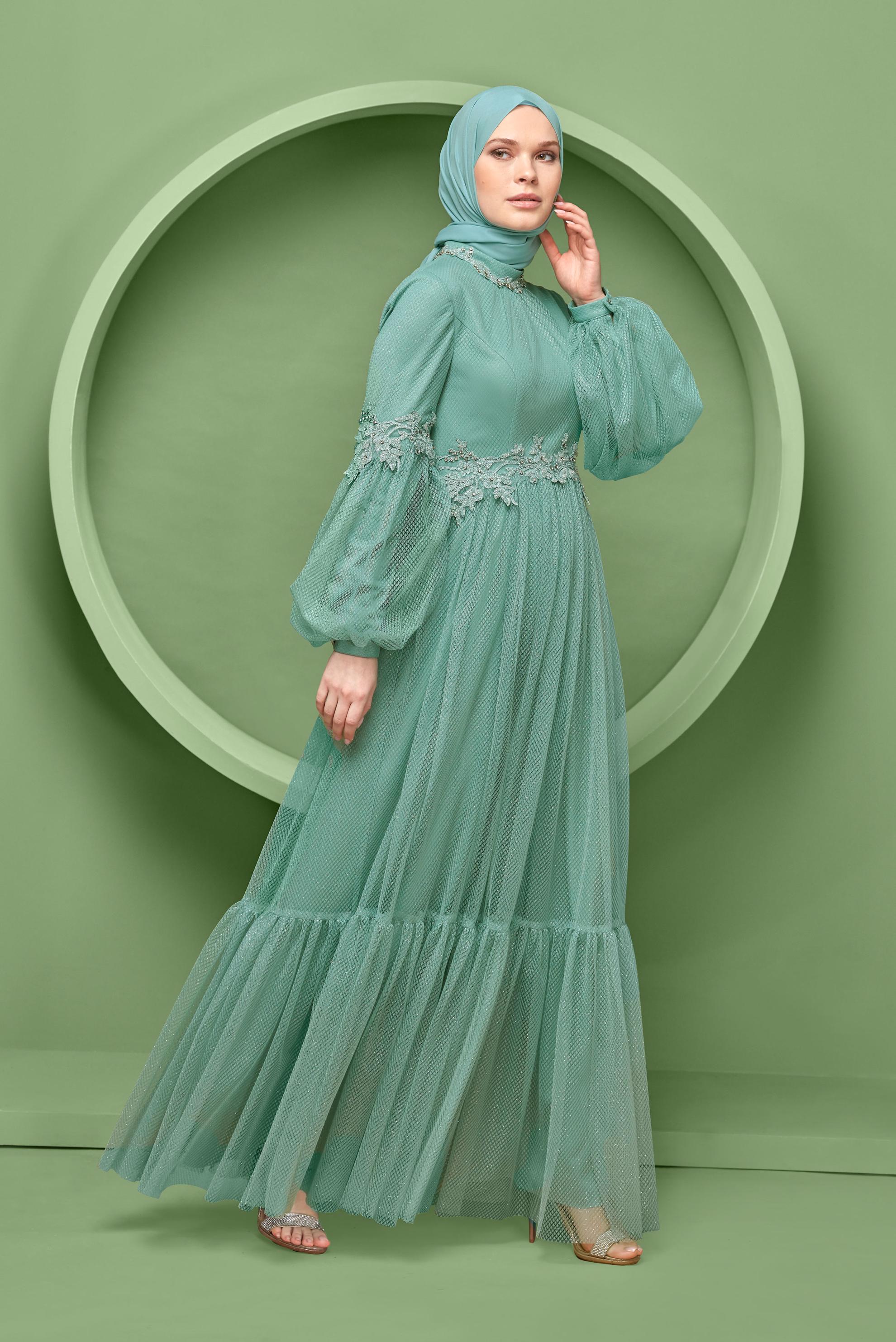 Hijab clothing GREEN LACE BALLOON SLEEVE EVENING DRESS 50118 