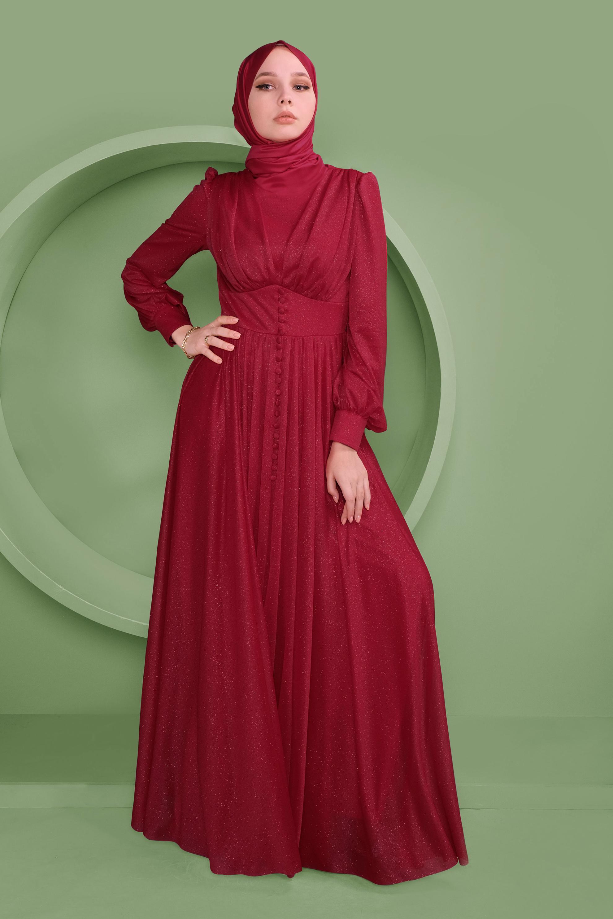 Tesettür giyim KIRMIZI DÜĞME DETAYLI SİMLİ TÜL ABİYE ELBİSE 50119	