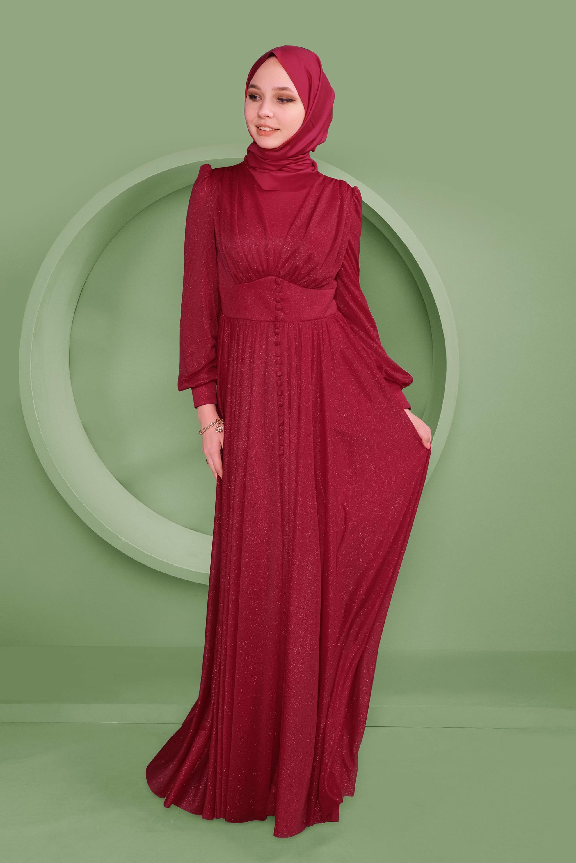 Tesettür giyim KIRMIZI DÜĞME DETAYLI SİMLİ TÜL ABİYE ELBİSE 50119	