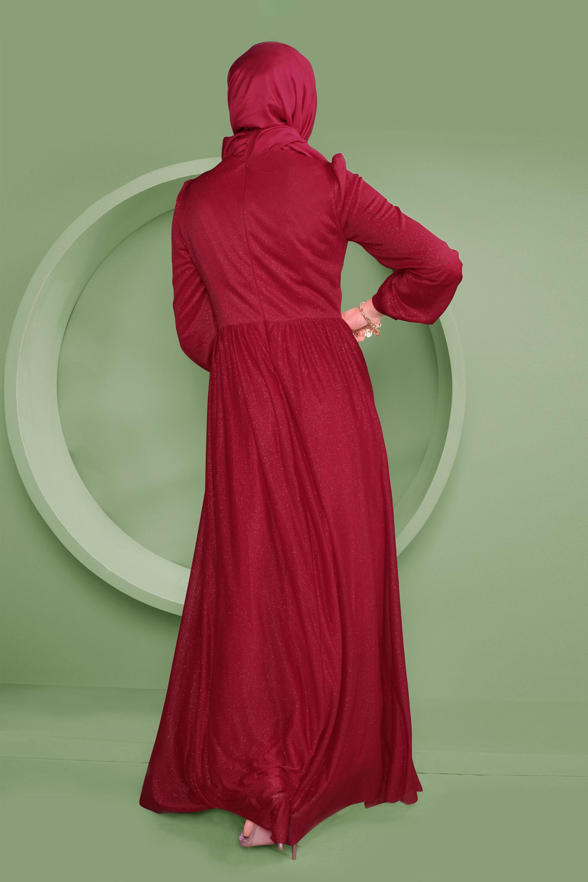 Tesettür giyim KIRMIZI DÜĞME DETAYLI SİMLİ TÜL ABİYE ELBİSE 50119	