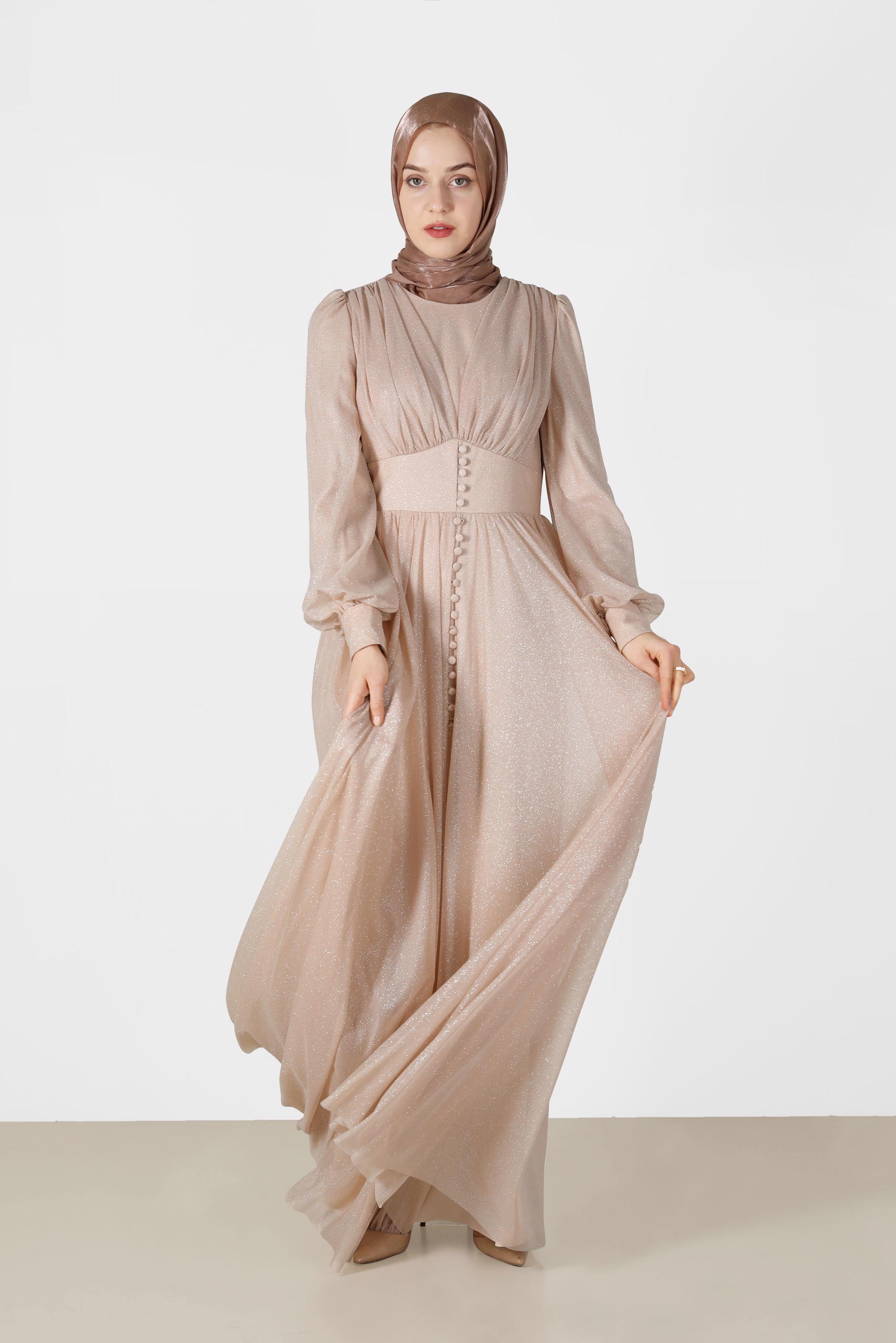 Tesettür giyim ALTIN DÜĞME DETAYLI SİMLİ TÜL ABİYE ELBİSE 50119	